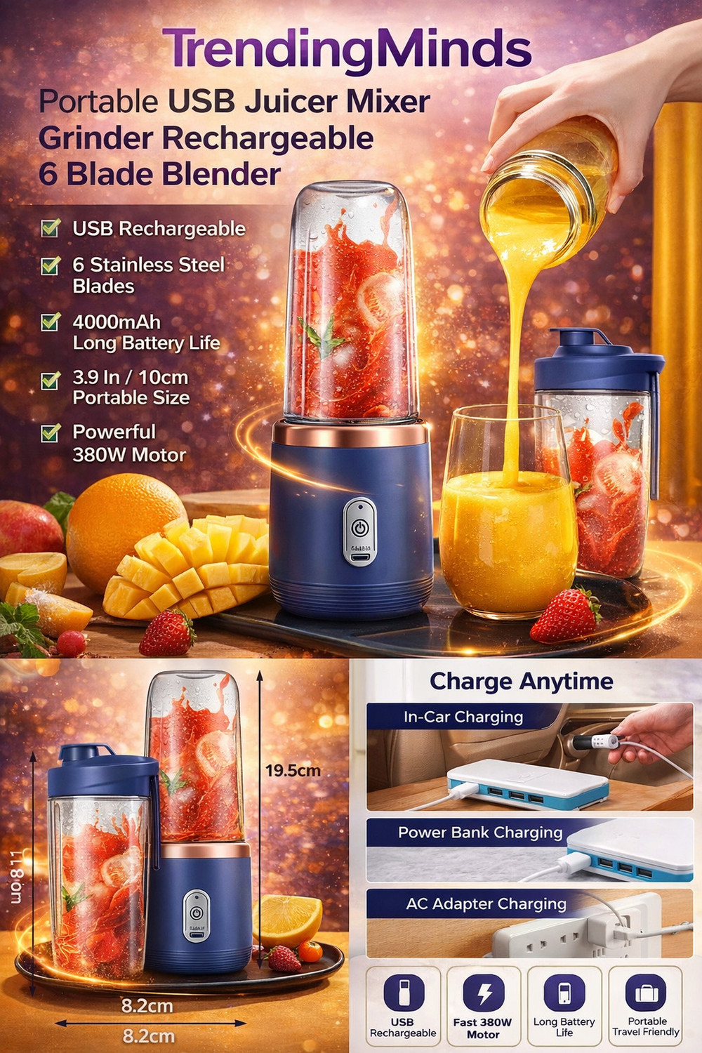Image of TrendingMinds SmartBlend USB Portable 40 W Mixer Blender (TM-USBMIX-01 | 1 Jar | Multicolor)