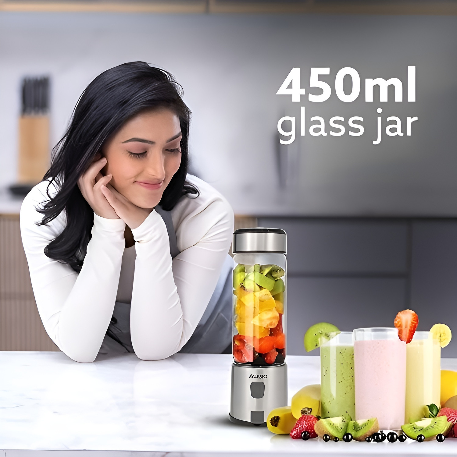 Image of AGARO Galaxy Portable Blender for Smoothie & Milk Shakes, 450ml, Type C Rechargeable 150 W Juicer (Mini Hand Blender | 1 Jar | Grey)