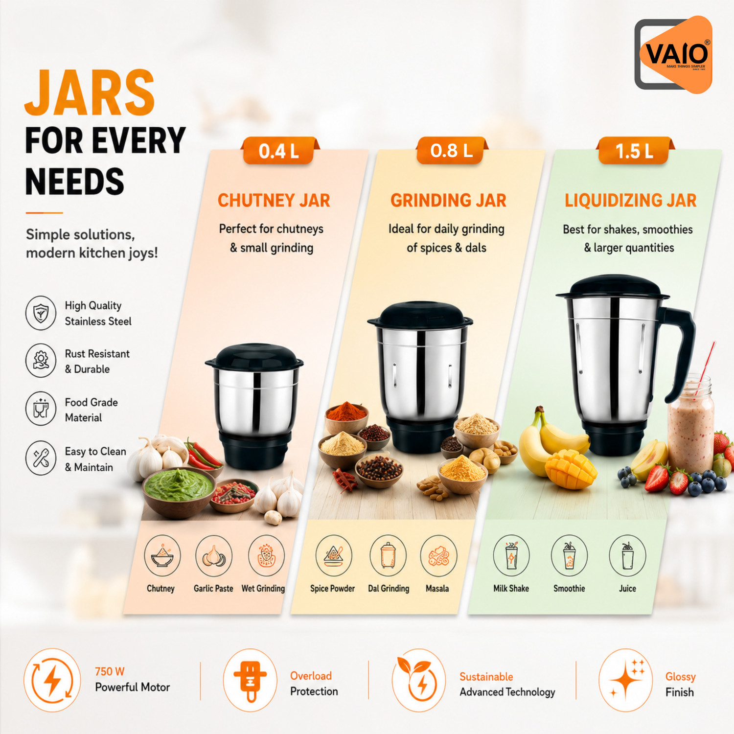 Image of Vaio Nexa Mixer Grinder Juicer 750 W Mixer Grinder (Nexa | 3 Jars | White Black)