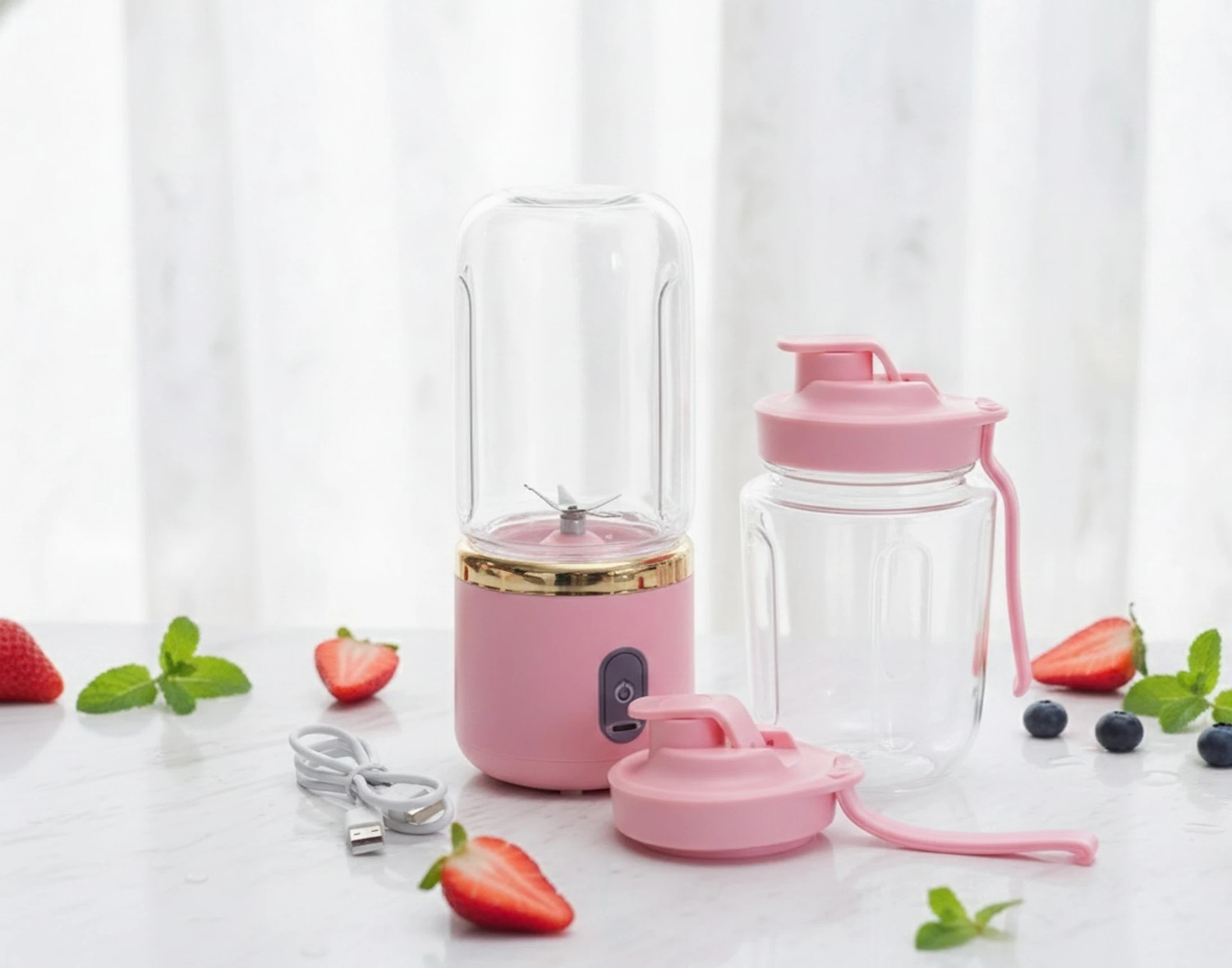 Image of ZENOVIA Portable Juicer Blender, Rechargeable, Grinder for Fruits & Shakes,6 Blade 40 W Juicer Mixer Grinder (Portable Juicer Blender,Rechargeable,Grinder for Fruits & Shakes,6 Blade 40W | 2 Jars | Pink)