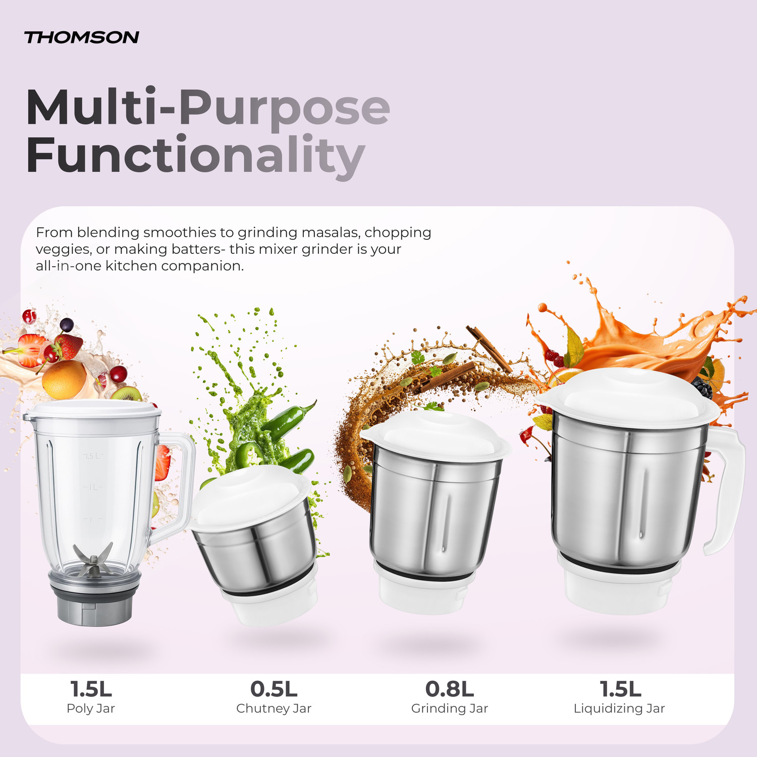 Image of Thomson FreshMix 500 W Mixer Grinder (FreshMix | 4 Jars | Pearl White, Lavender Pink)
