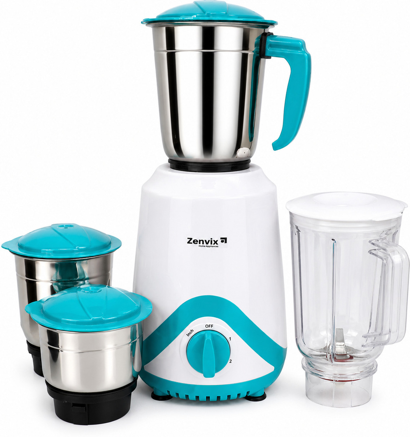 Image of Zenvix Turbo Mix 750 W Juicer Mixer Grinder (Stainless Steel Jars | 3 Speed Control | | 4 Jars | White & Blue)