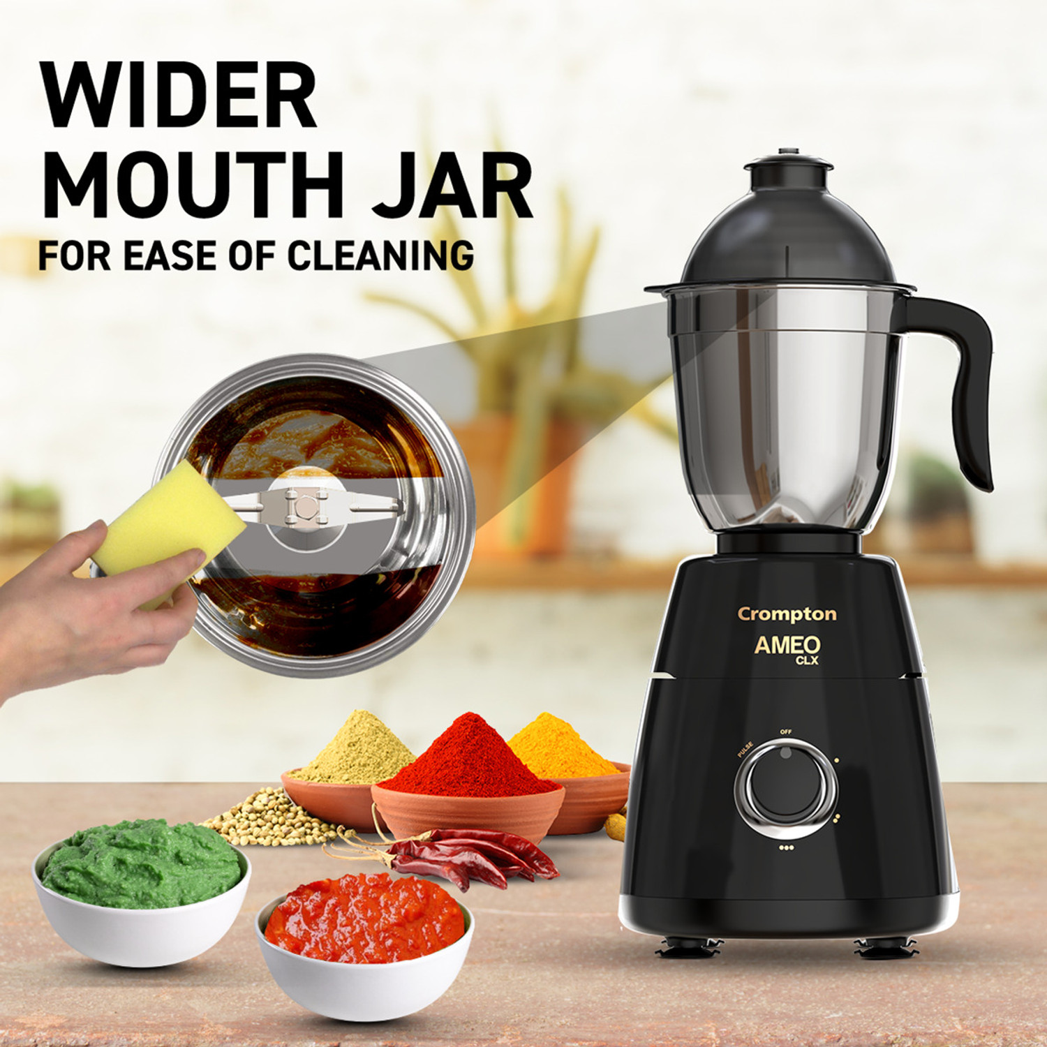 Image of Crompton Ameo Classic 750 W Juicer Mixer Grinder (Ameo Classic 750W Mixer Grinder | 4 Jars | Black)