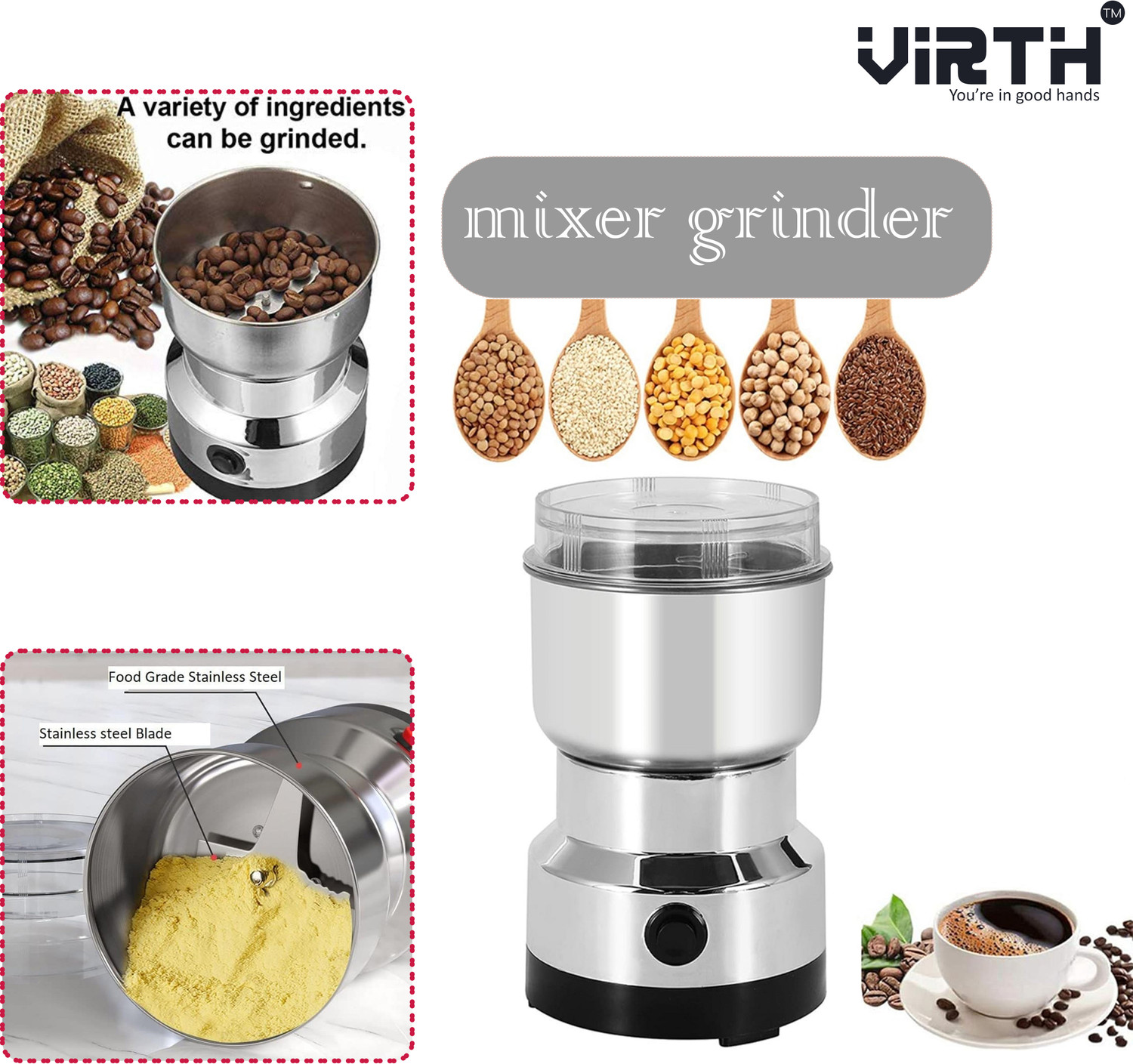 Image of SEVENMETICS Min Mixer Grinderi Stainless Steel Coffee & Spice Grains,Bean [NOT Use Liquid] 500 W Mixer Grinder (GrinMer-M27 /6 /25-270C | 1 Jar | Black, STEEL)