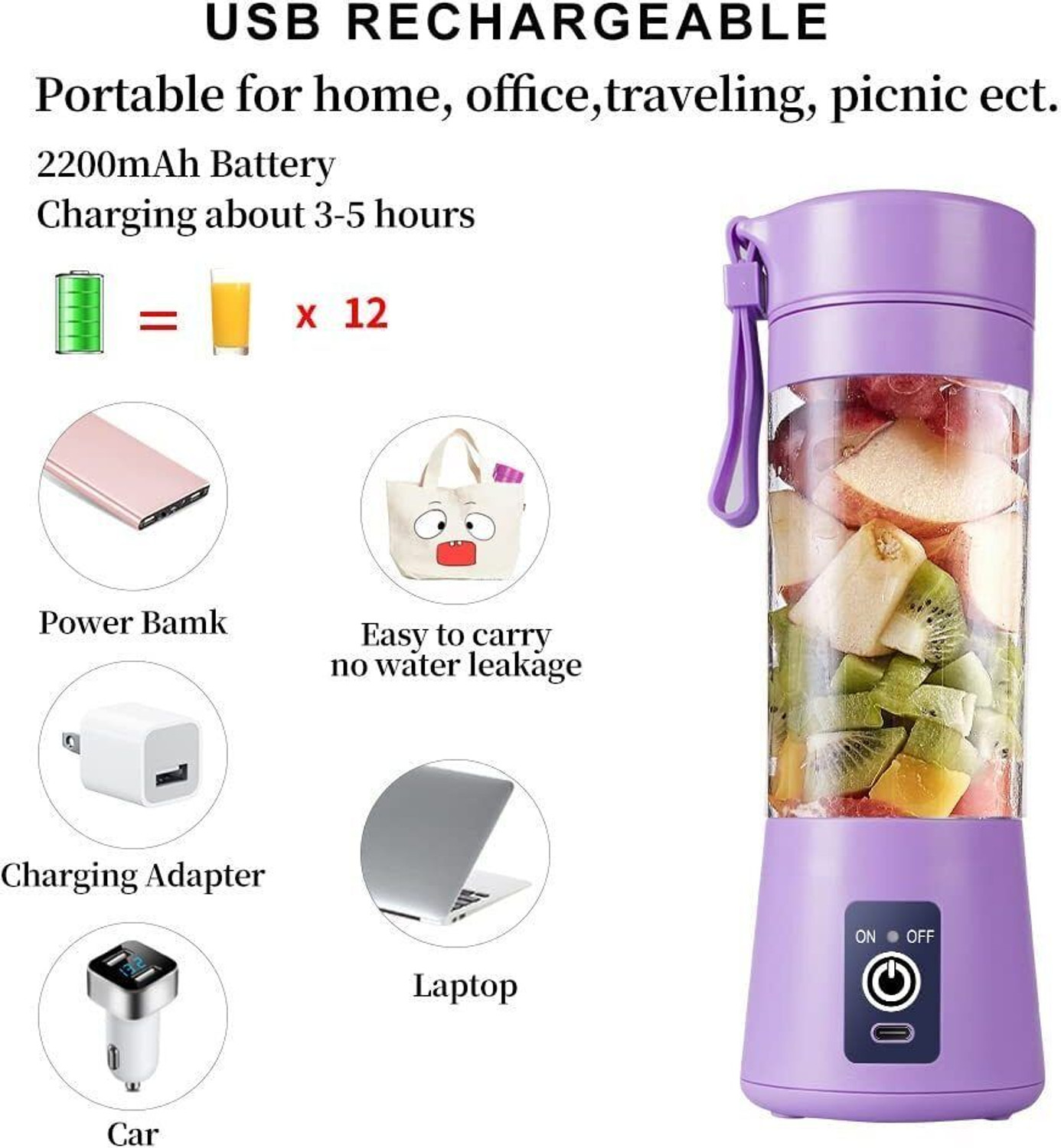 Image of princemarkett Pro Fruit Juicer 200 W Juicer Mixer Grinder (USB Rechargeable Juicer & Portable Mini Juicer For Jiucer /Milk ShakesYZ73 | 1 Jar | Multicolor)