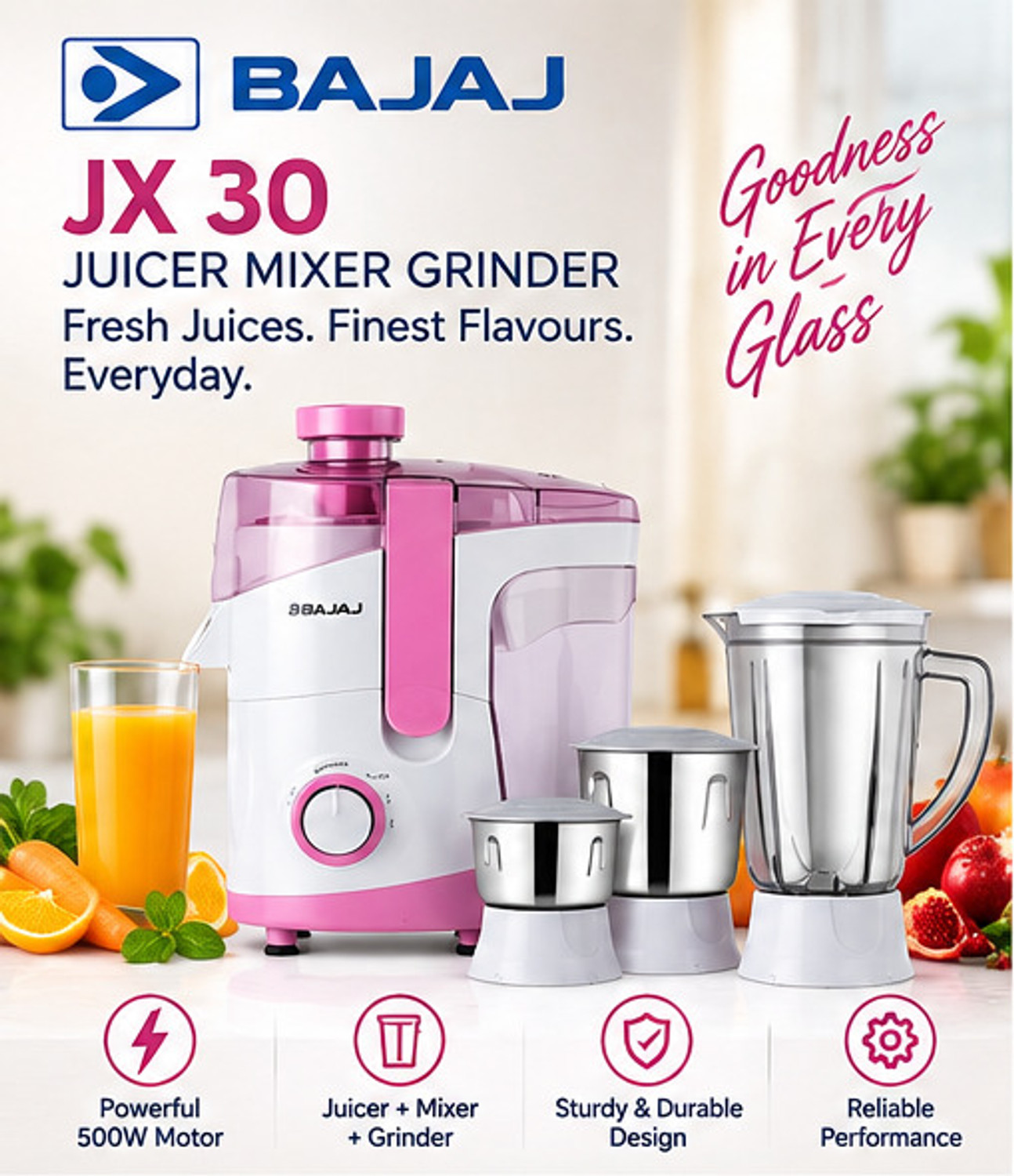 Bajaj JX30 500W Juicer Mixer Grinder 3 Jar - Image 1