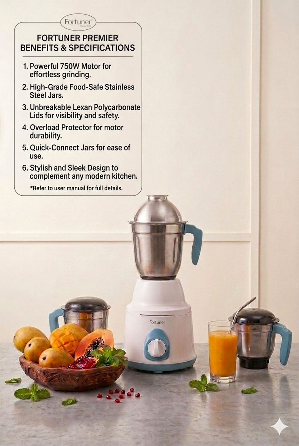 Image of fortuner 500W 500 W Juicer Mixer Grinder (Mixer-grinder-Juicer 29 | 3 Jars | Blue)