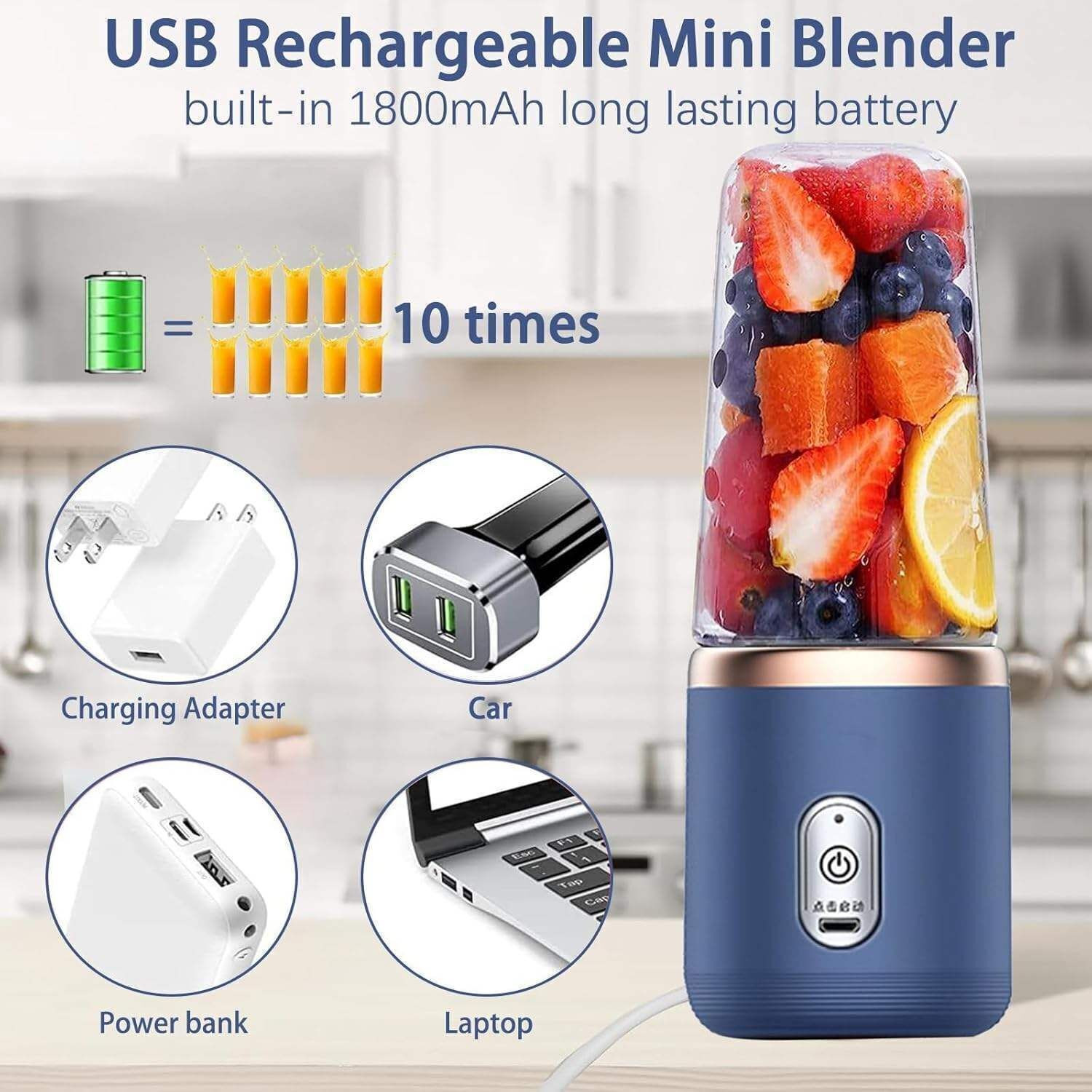 Image of Saibaba Insulators Portable USB Rechargeable Juicer Blender Mini Smoothie Maker Bottle 300 W Juicer Mixer Grinder (PJB-19 Pocket Juicer | 2 Jars | Blue)