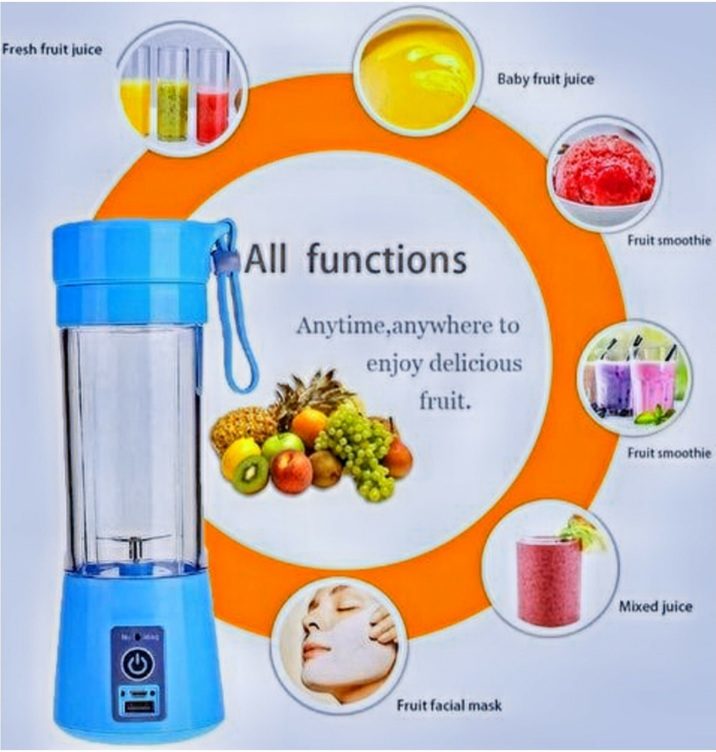 Image of PRANMATRASELLS Pro Fruit Juicer 200 W Juicer Mixer Grinder (ECF 850H Portable Electric Fruit Juicer Maker USB Rechargeable Mini Juicer | 1 Jar | Multicolor)