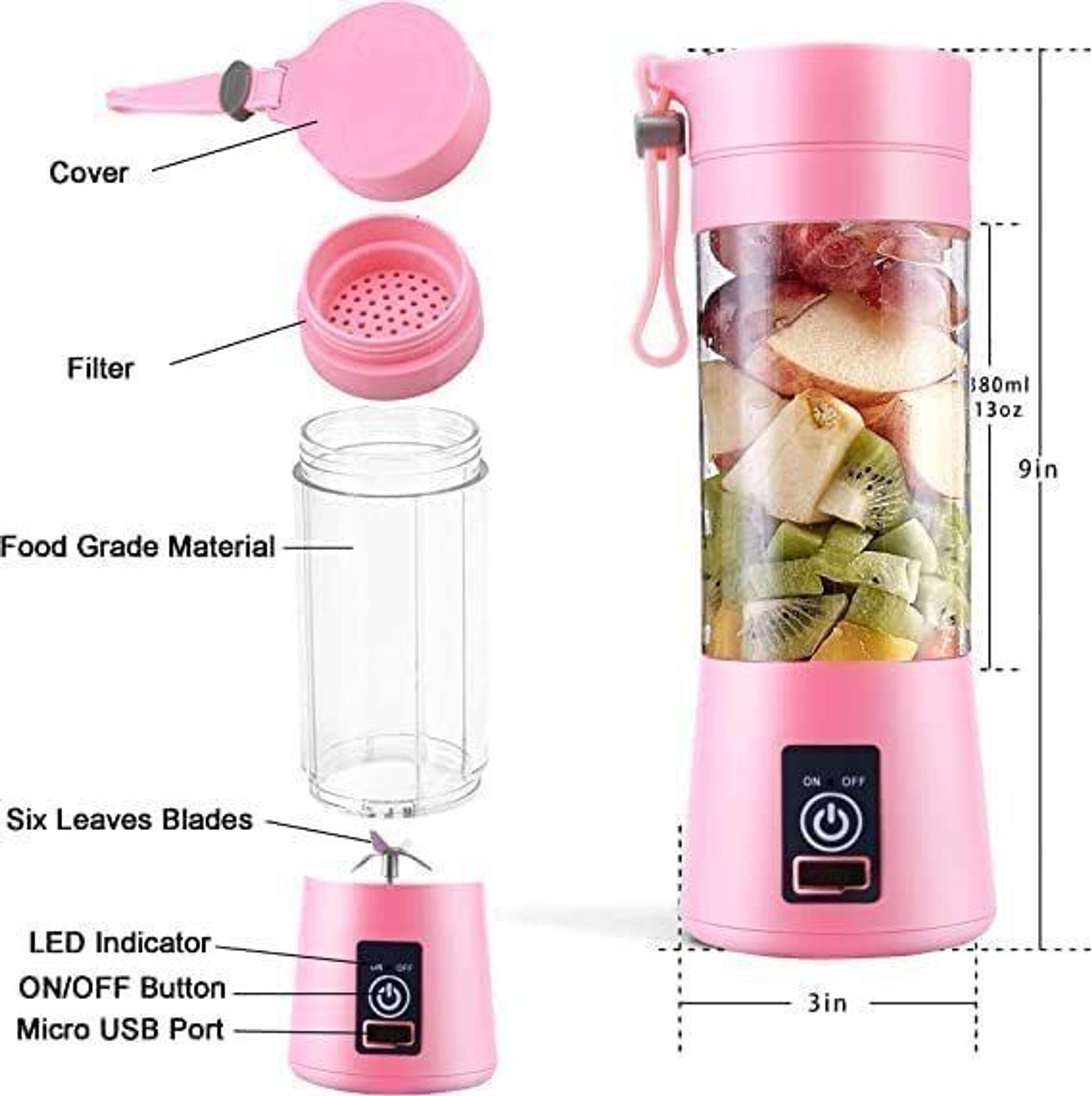 Image of Radhe Pro Fruit Juicer 200 W Juicer Mixer Grinder (USB Rechargeable Juicer & Portable Mini Juicer For Jiucer /Milk ShakesYX86 | 1 Jar | Multicolor)