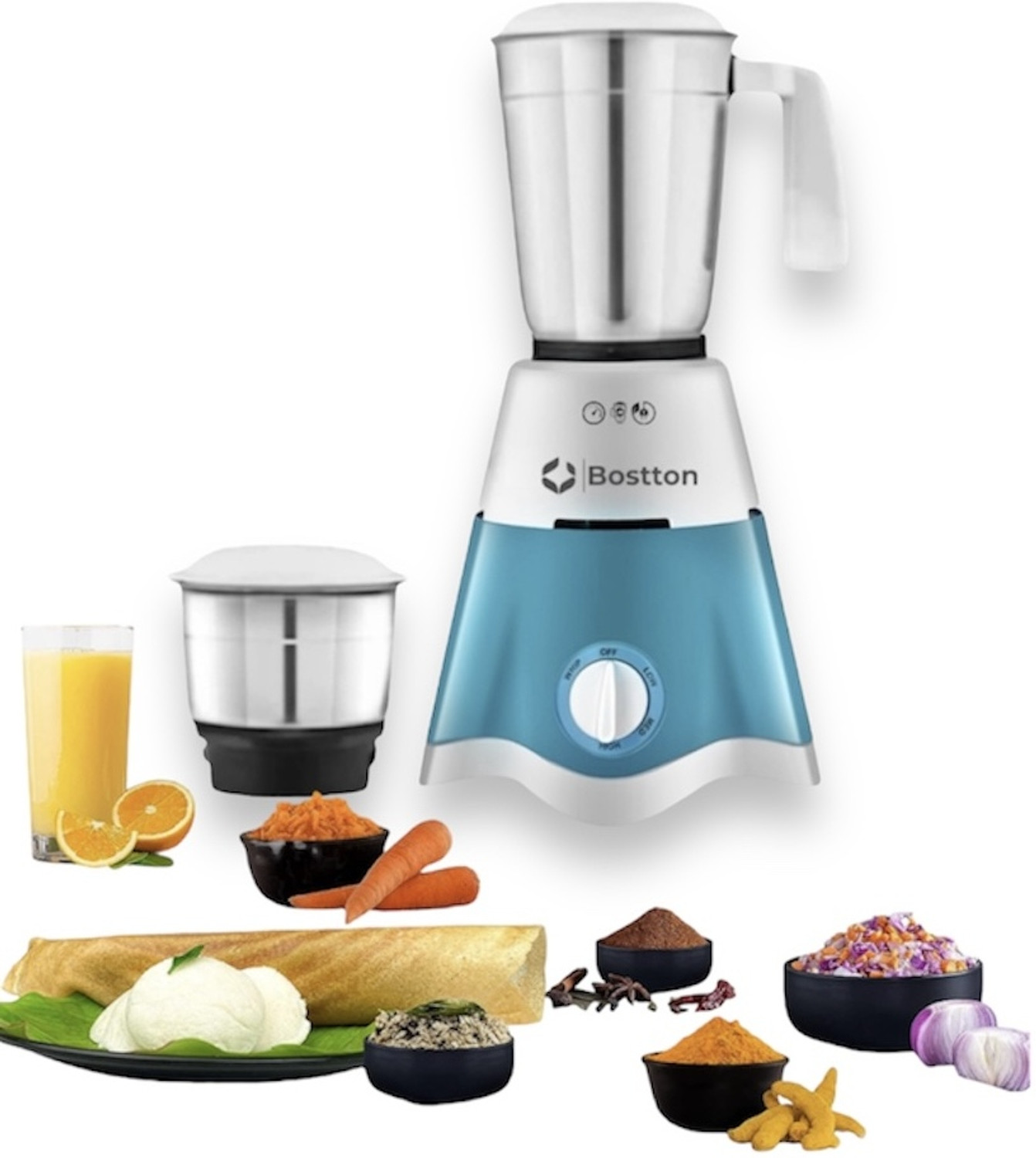 Image of Bostton 750 Watt Double layered Copper 25 MM Motor 750 W Mixer Grinder (Waspa Power Pro | 2 Jars | Olive Green)