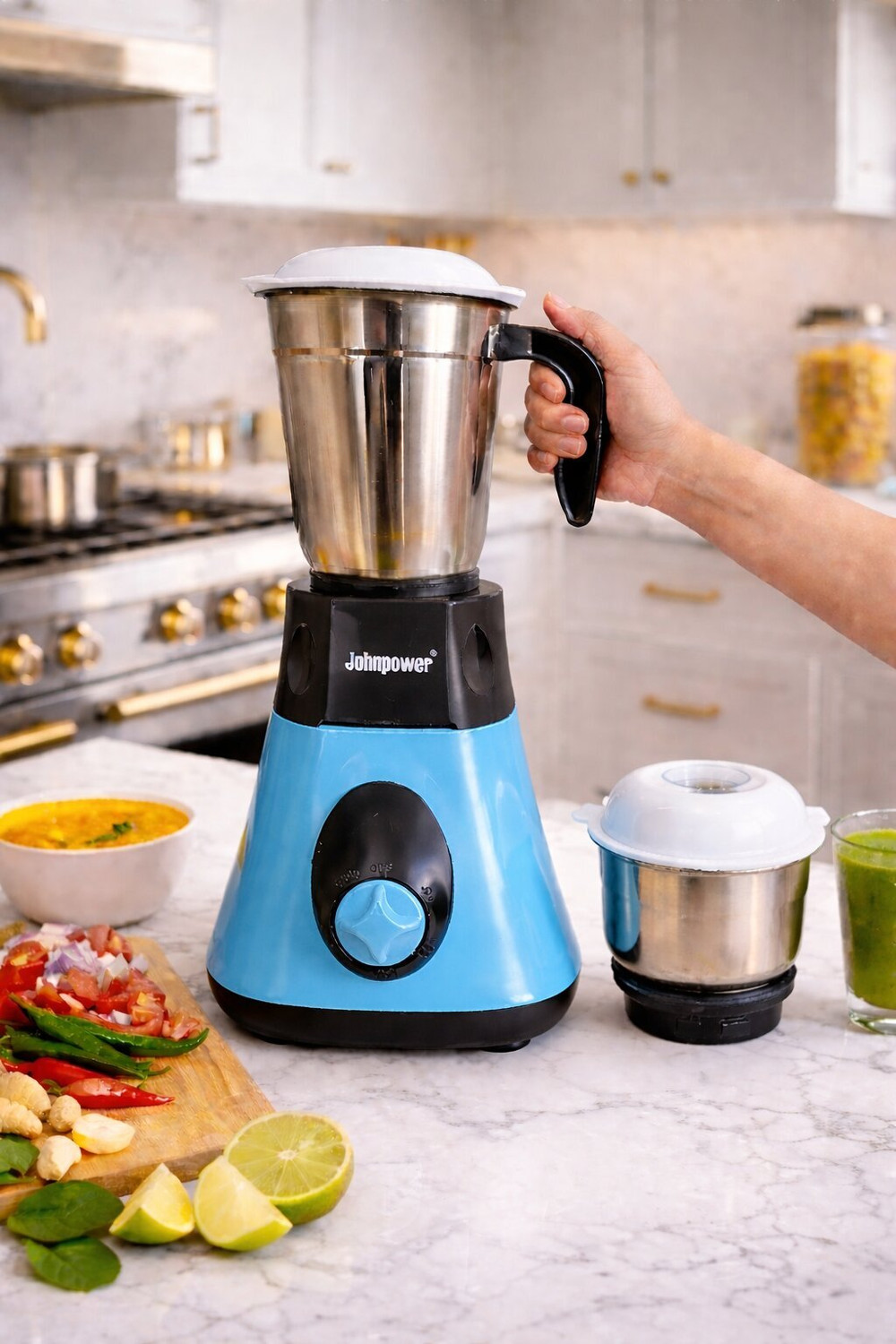 Image of johnpower MINI MIXER 220 W Mixer Grinder (Multi Purpose Grinder for Masala, Chutney & Wet Dry Grinding | 2 Jars | BLACK & SKY)