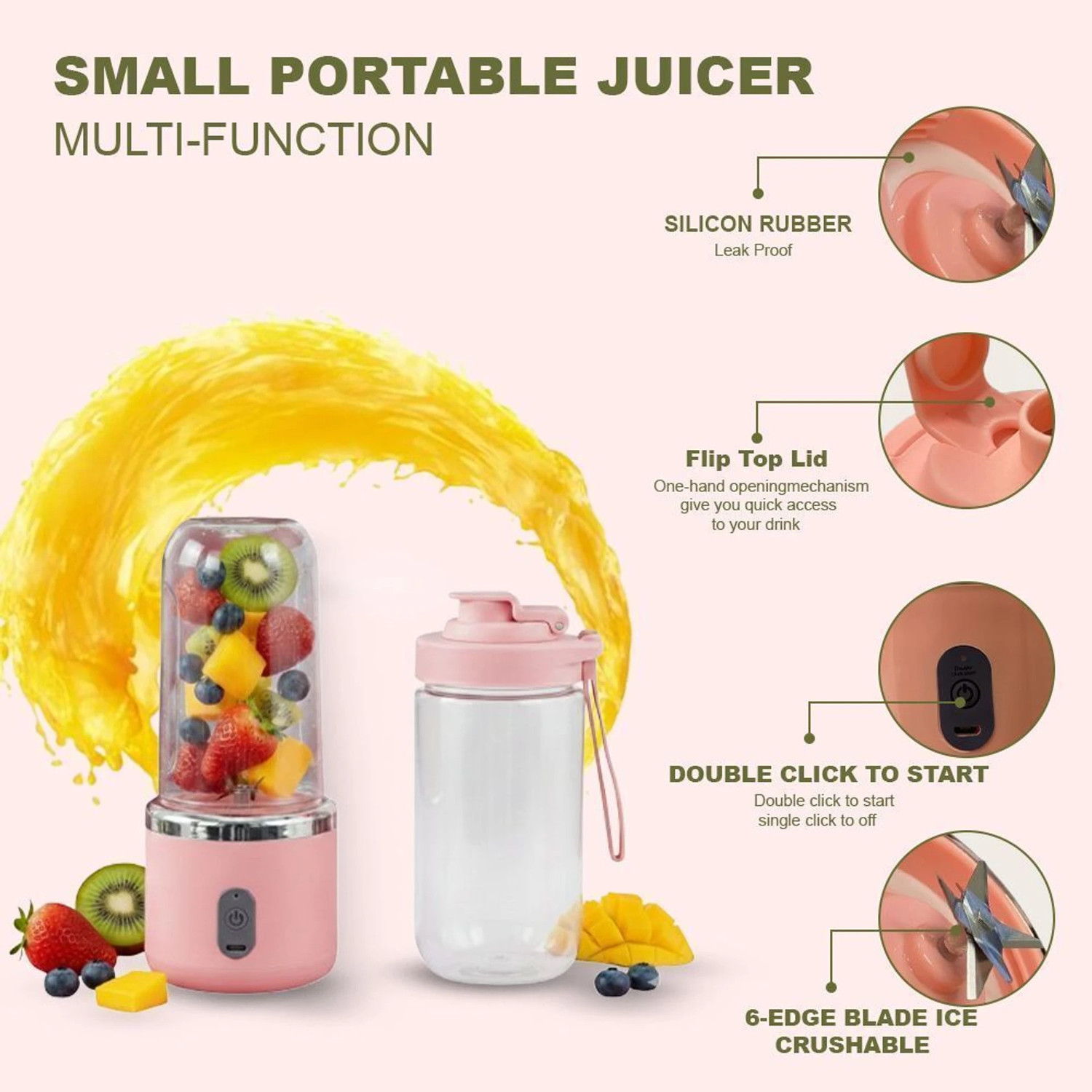 Image of ZENOVIA Portable Juicer Blender, Rechargeable, Grinder for Fruits & Shakes,6 Blade 40 W Juicer Mixer Grinder (Portable Juicer Blender,Rechargeable,Grinder for Fruits & Shakes,6 Blade 40W | 2 Jars | Pink)
