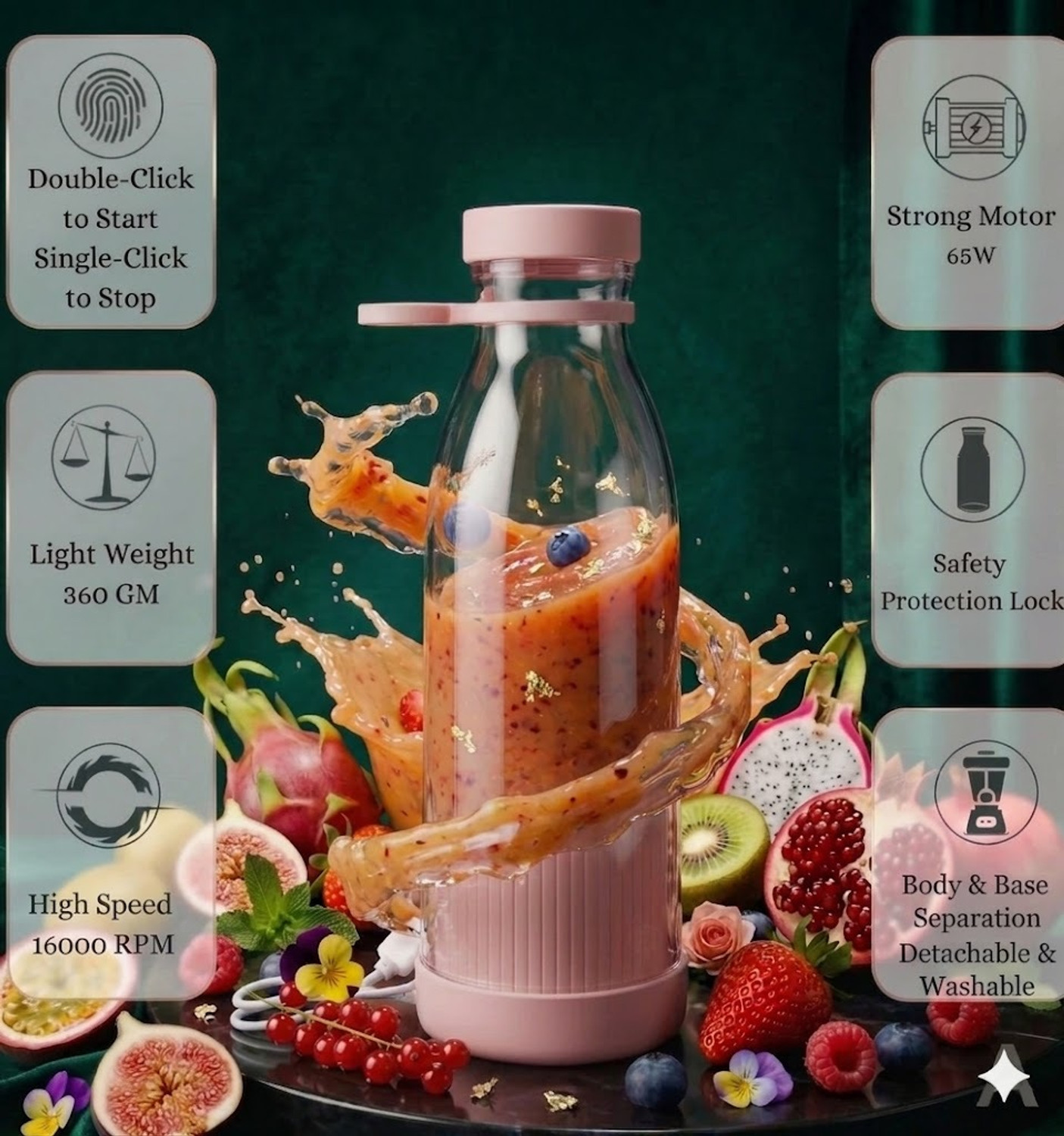 Image of Modexa Global Pro Fruit Juicer 200 W Juicer Mixer Grinder ( Juice Extractor, Portable, Rechargeable Battery and USB Charging 380ml Cup | 1 Jar | Multicolor)