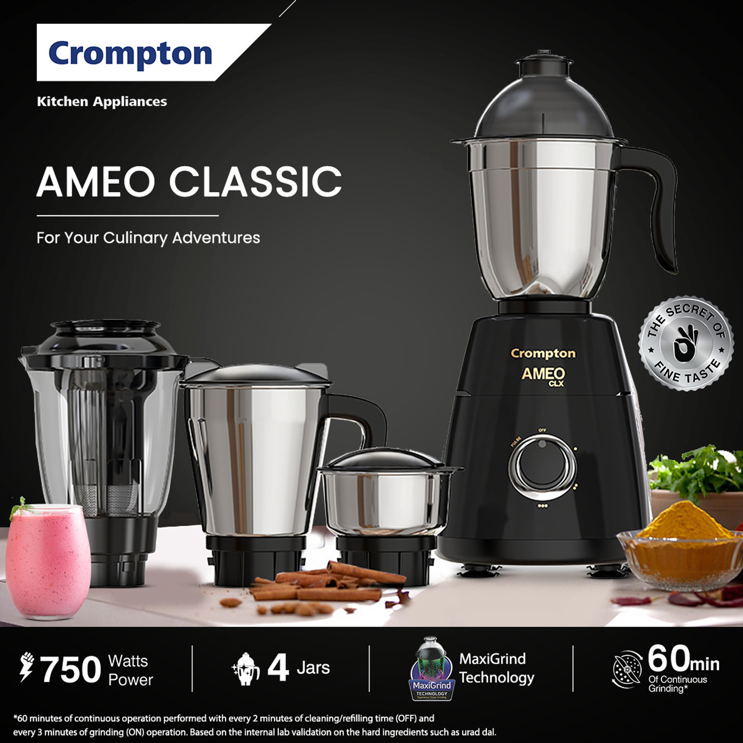 Image of Crompton Ameo Classic 750 W Juicer Mixer Grinder (Ameo Classic 750W Mixer Grinder | 4 Jars | Black)