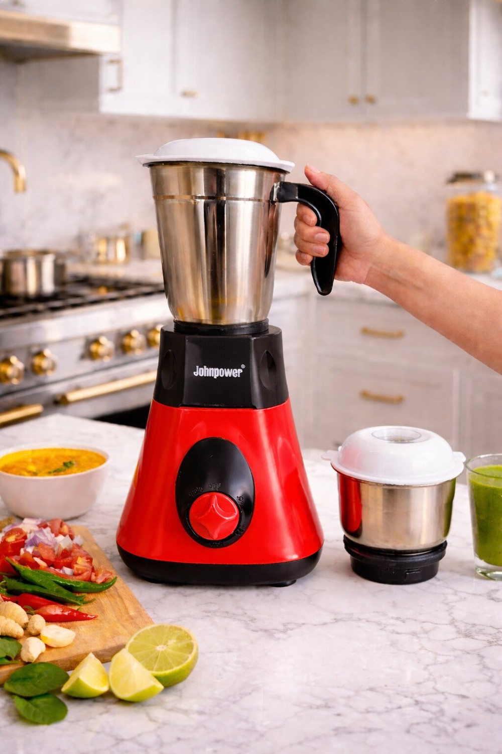 Image of johnpower MINI MIXER 220 W Mixer Grinder (Multi Purpose Grinder for Masala, Chutney & Wet Dry Grinding | 2 Jars | BLACK & RED)