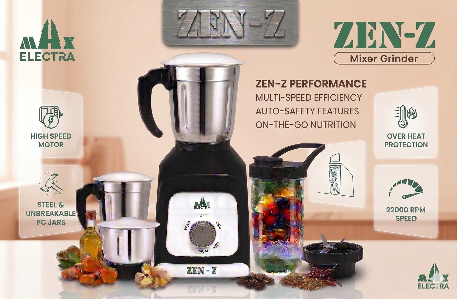 Image of MAX ELECTRA ZEN-Z17 500 W Juicer Mixer Grinder (ZEN-Z-75017 | 3 Jars | Black)