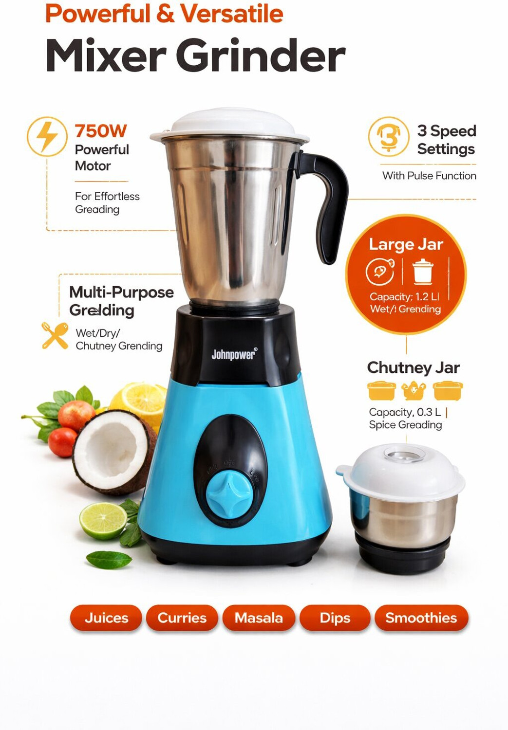 Image of johnpower MINI MIXER 220 W Mixer Grinder (Multi Purpose Grinder for Masala, Chutney & Wet Dry Grinding | 2 Jars | BLACK & SKY)