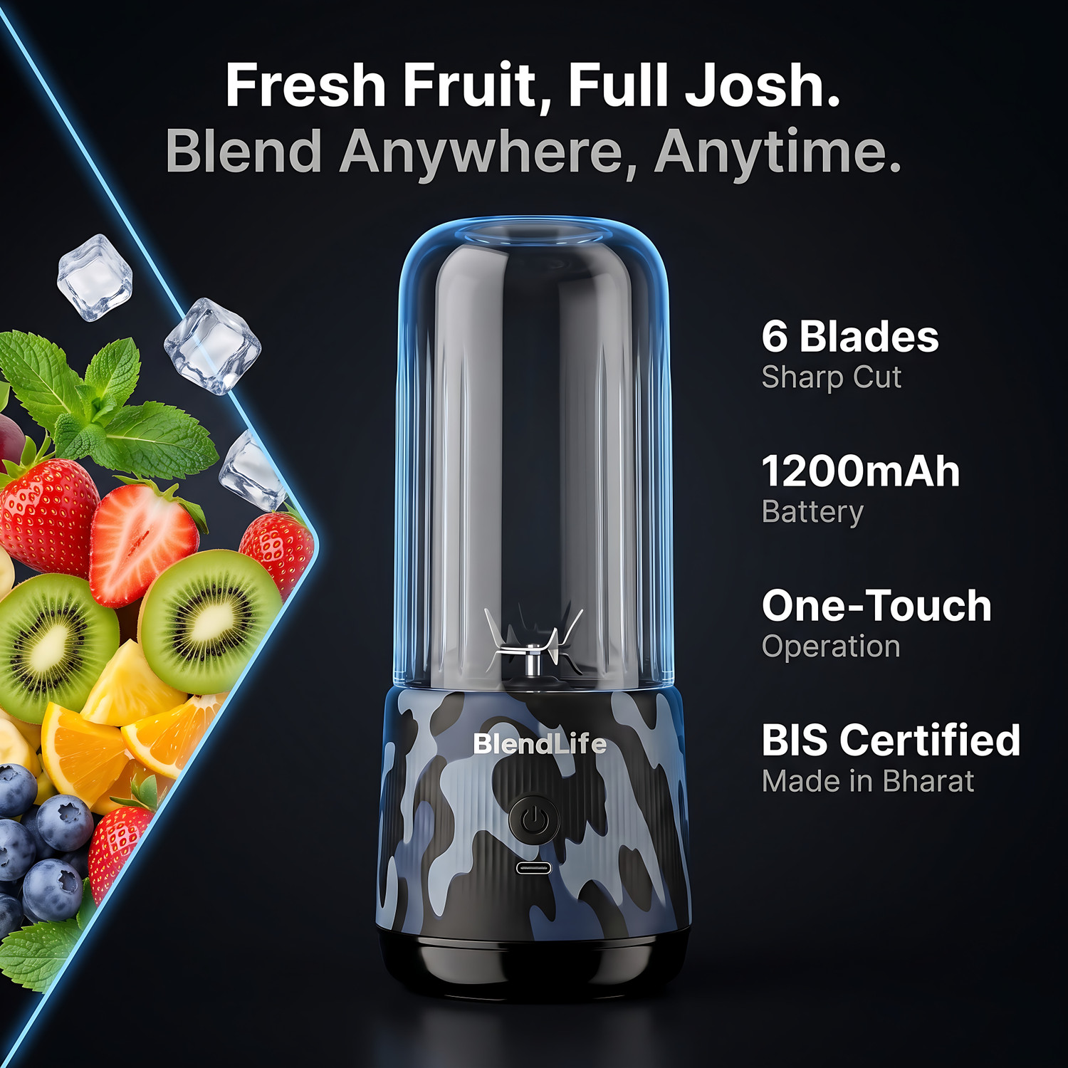 Image of BlendLife JOSH Portable Blender, 380ml, 1200mAh, Made in Bharat, ISI Certified 100 W Juicer Mixer Grinder (JOSH | 1 Jar | Multicolor)