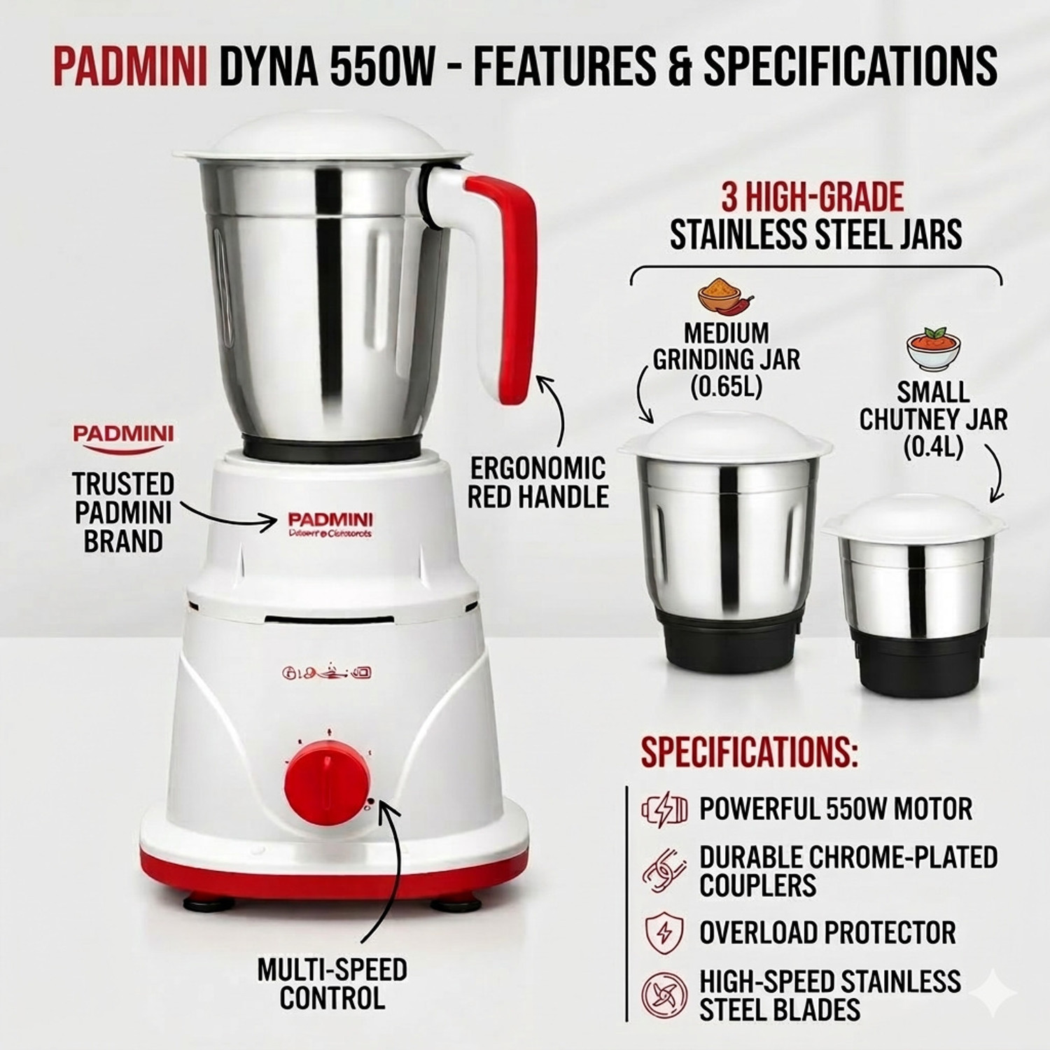 Image of PADMINI DYNA 550 W Mixer Grinder (DYNA 550W | 3 Jars | RED AND WHITE)