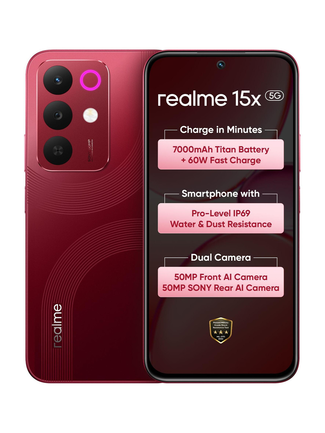 realme 15x 5G (128GB, 8GB RAM, Red) Pack of 15 · 5 g (75 g total) - Image 1