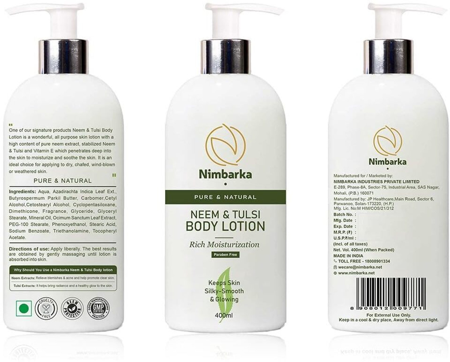 Image of NIMBARKA Neem & Tulsi Body Lotion Rich Moisture, Silky Smooth, Glowing Skin, Paraben-Free (400 ml)