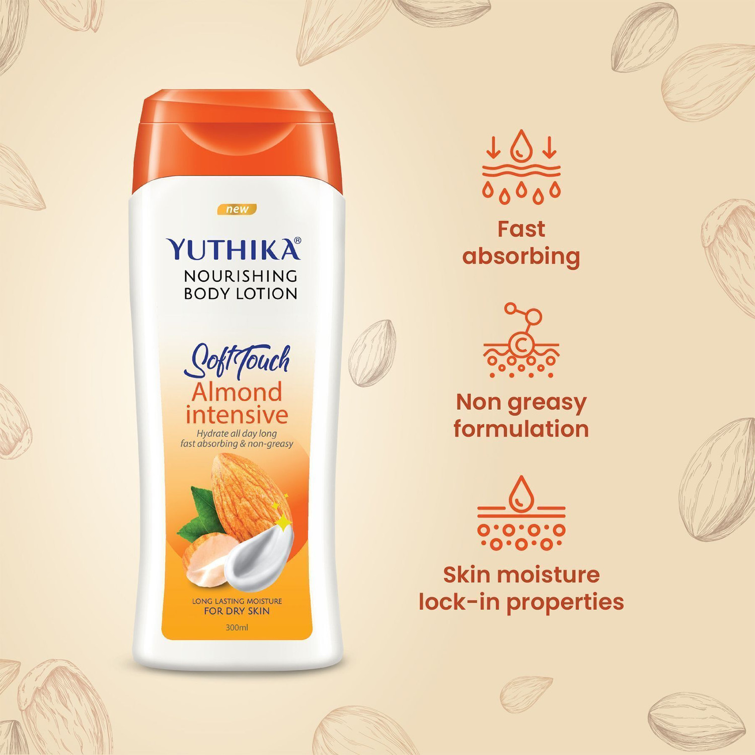 Image of Yuthika Body Lotion Almond Nourish 300ml | 24 Hour Hydration For Dry Skin (Pack OF 2) (600 ml)