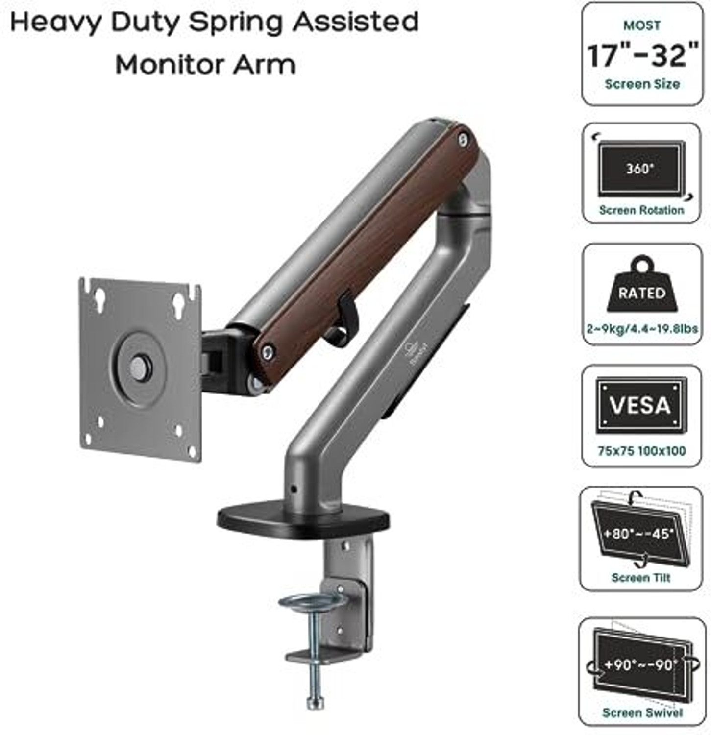 Image of FLOWLYF Wooden Monitor Arm /Spring Assisted Height Adjustability Mount for 17-32 inch Screen Desk Mount Monitor Arm