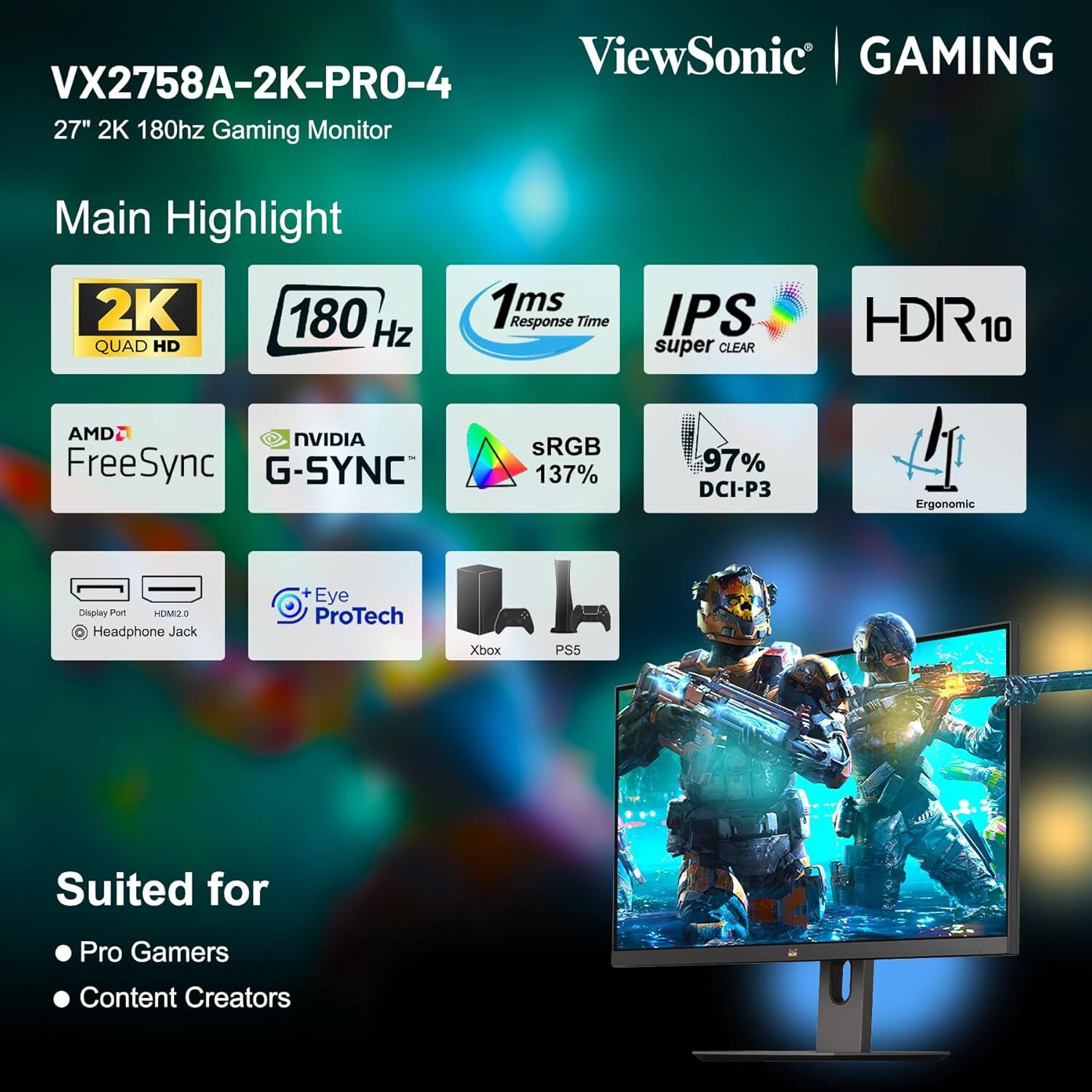 Image of ViewSonic SuperClear 2K QHD 68.58 cm (27 inch) Quad HD LED Backlit IPS Panel Gaming Monitor (VX2758A-2K-PRO-4- 2560x1440|NVIDIA G-Sync|sRGB 137%|Height,Swivel,Pivot|HDMI &DP) (Frameless, AMD Free Sync, Response Time: 1 ms, 180 Hz Refresh Rate)