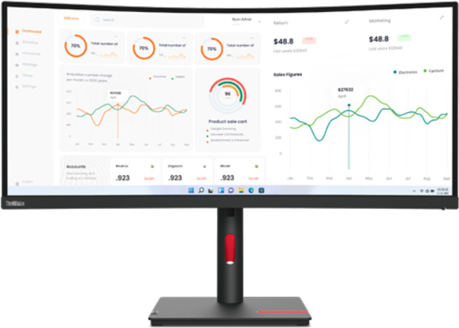 Image of Lenovo ThinkVision 86.36 cm (34 inch) Curved WQHD LED Backlit VA Panel Monitor (ThinkVision T34w-30) (AMD Free Sync, Response Time: 6 ms, 60 Hz Refresh Rate)
