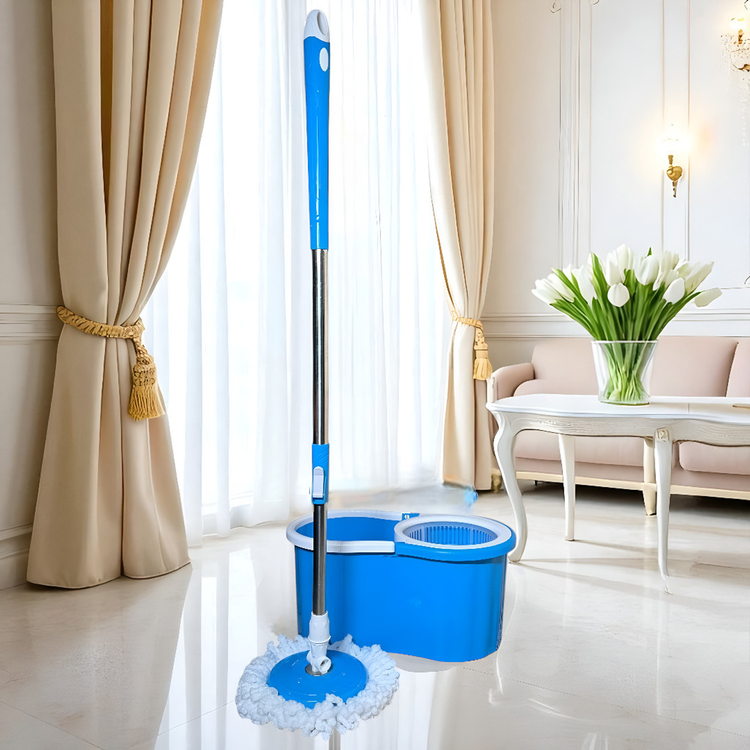 Image of 3G Clean 3 G CLEAN Spin Mop Set with Twin Bucket, Plastic, Microfiber, Blue Mop Set (Blue)