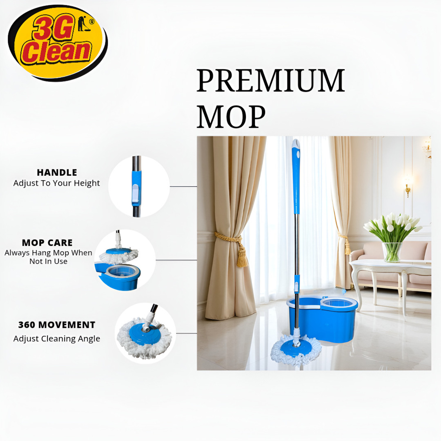 Image of 3G Clean 3 G CLEAN Spin Mop Set with Twin Bucket, Plastic, Microfiber, Blue Mop Set (Blue)