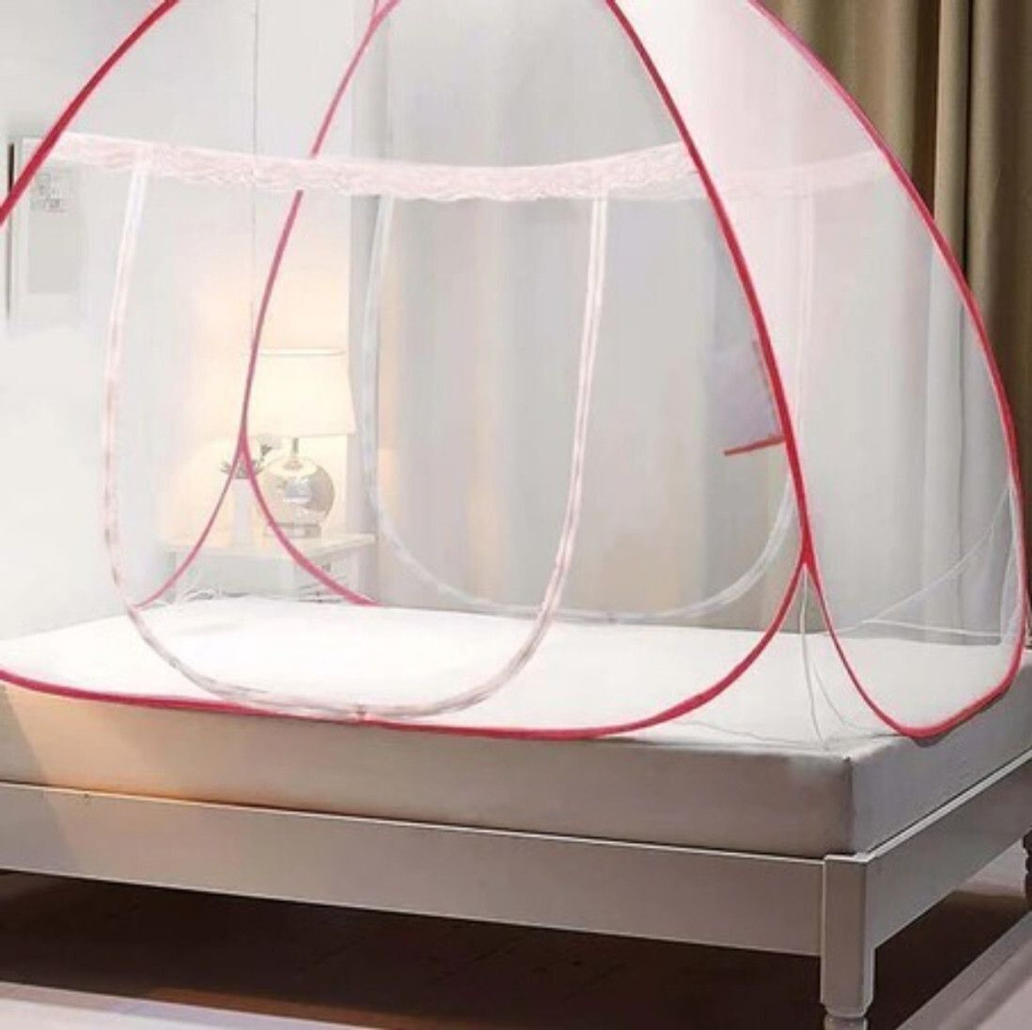 Image of AmazingHind Double Bed Mosquito Net 6.5Ft X 6.5Ft X 4.5Ft Machhardani New Model Polyester Washable Adults Mosquito Net (White, Tent)