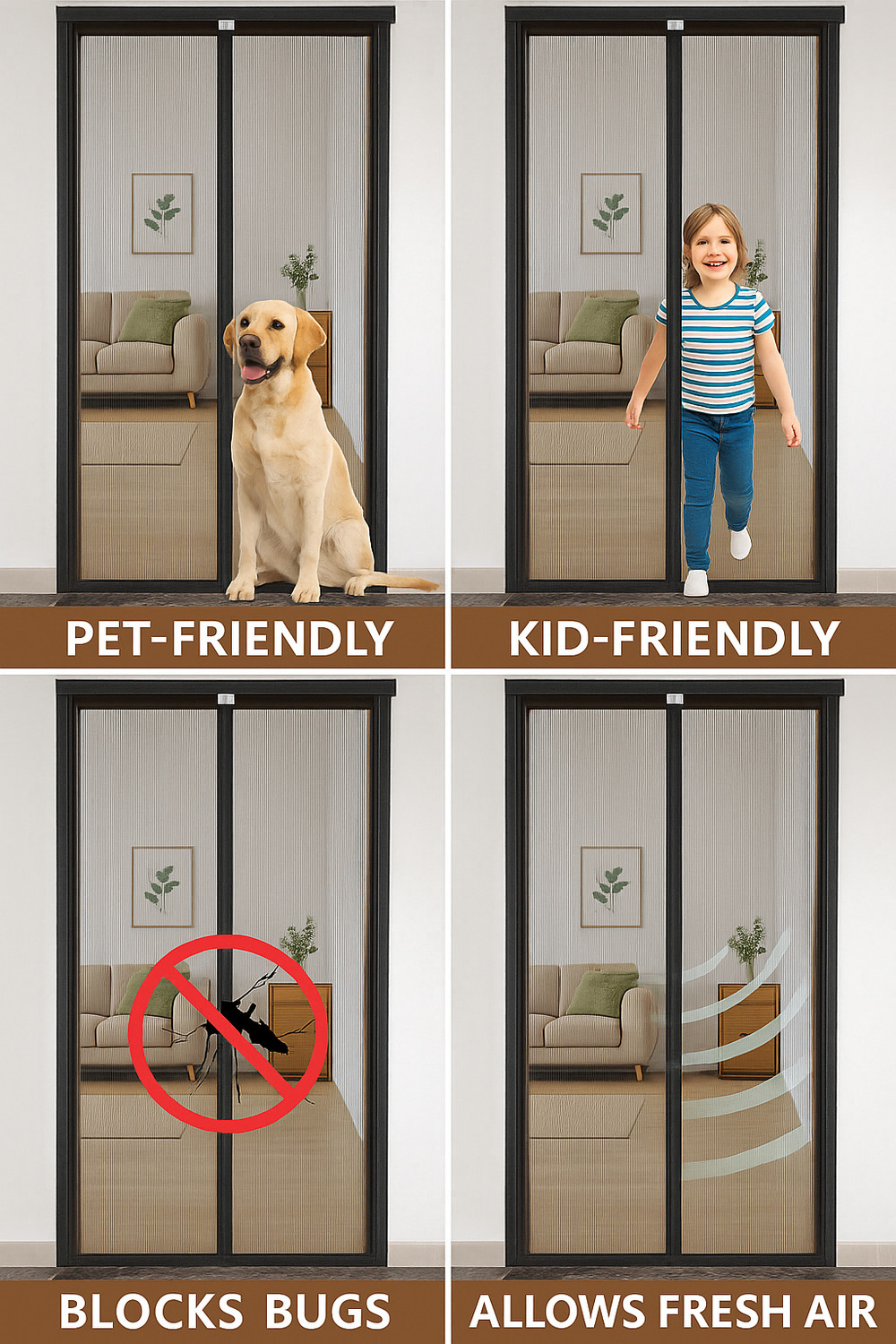 Image of OneNest (205*115 cm) 120 GSM Fiberglass door curtain with magnet Fibre Washable Adults Mosquito Net (Brown, Frame Hung)
