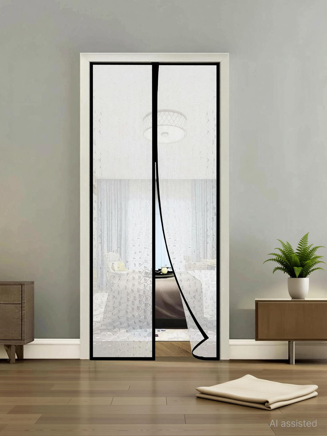 Image of Lifekrafts Magnetic AC Door Curtain- Insulated Thermal Cover, Self-Closing, Stylish & Easy HDPE - High Density Poly Ethylene Washable Adults Mosquito Net (White 210x100cm, Frame Hung)