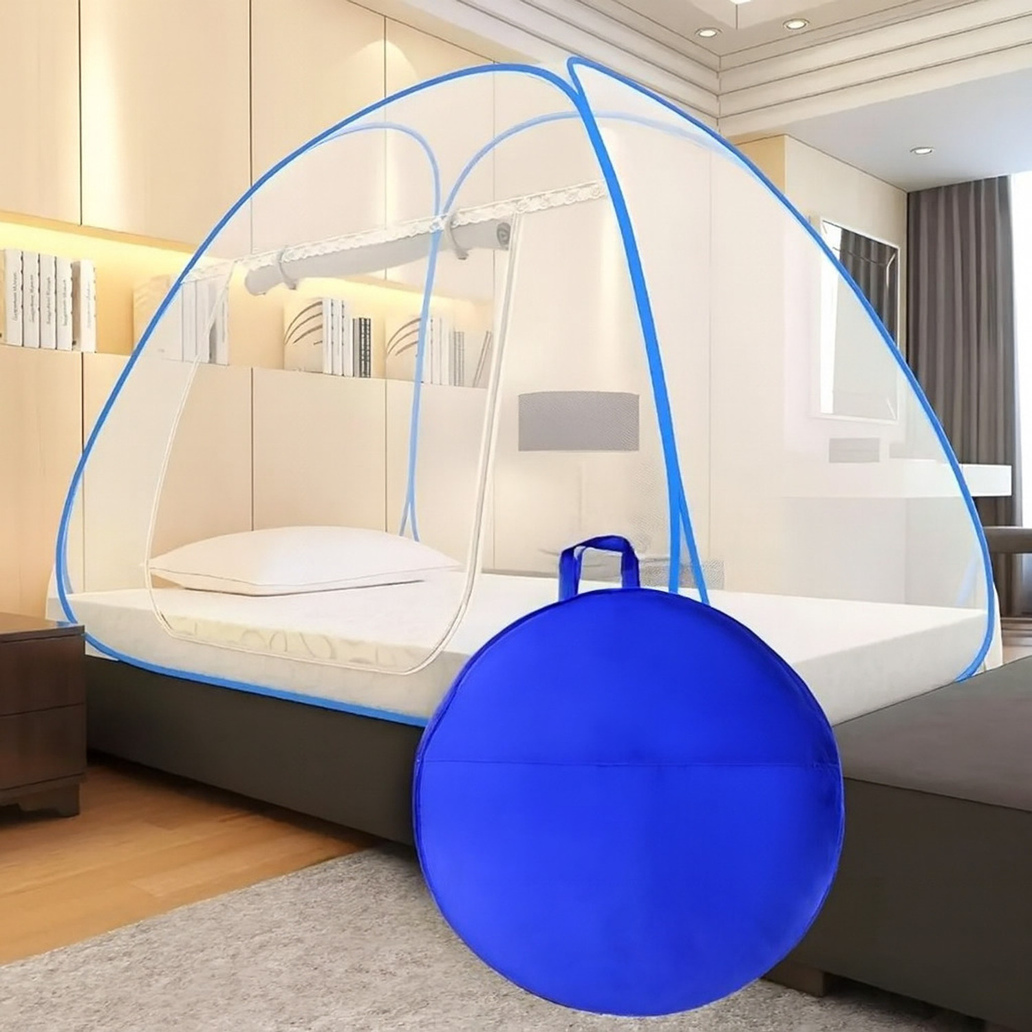 Image of MAGICAL Mosquito Mesh, Foldable Single Size Bed,( 6ft x 4ft ) - Dark Blue Polyester Washable Adults Mosquito Net (Dark Blue, Tent)