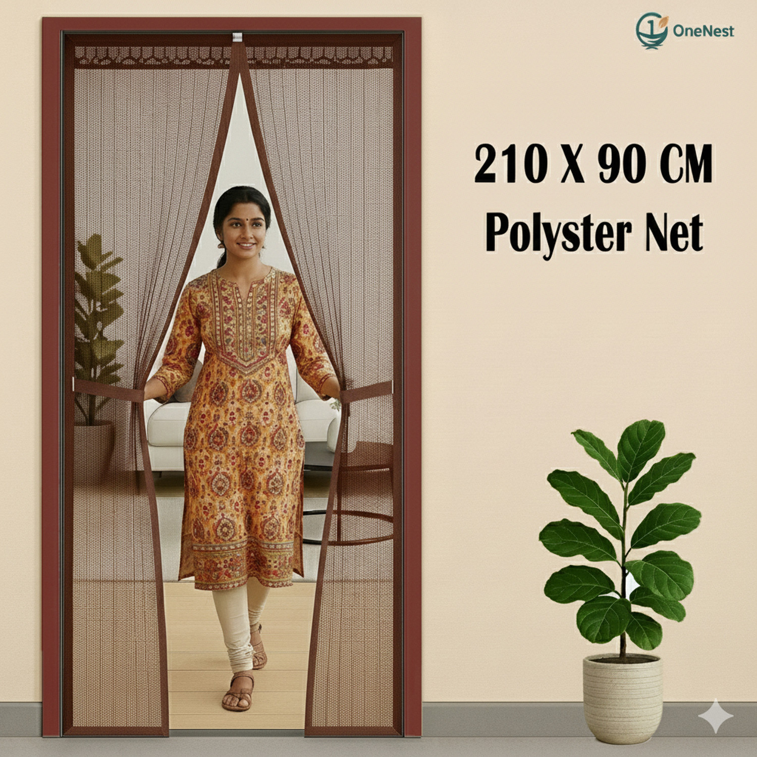 Image of OneNest (205*115 cm) 120 GSM Fiberglass door curtain with magnet Fibre Washable Adults Mosquito Net (Brown, Frame Hung)