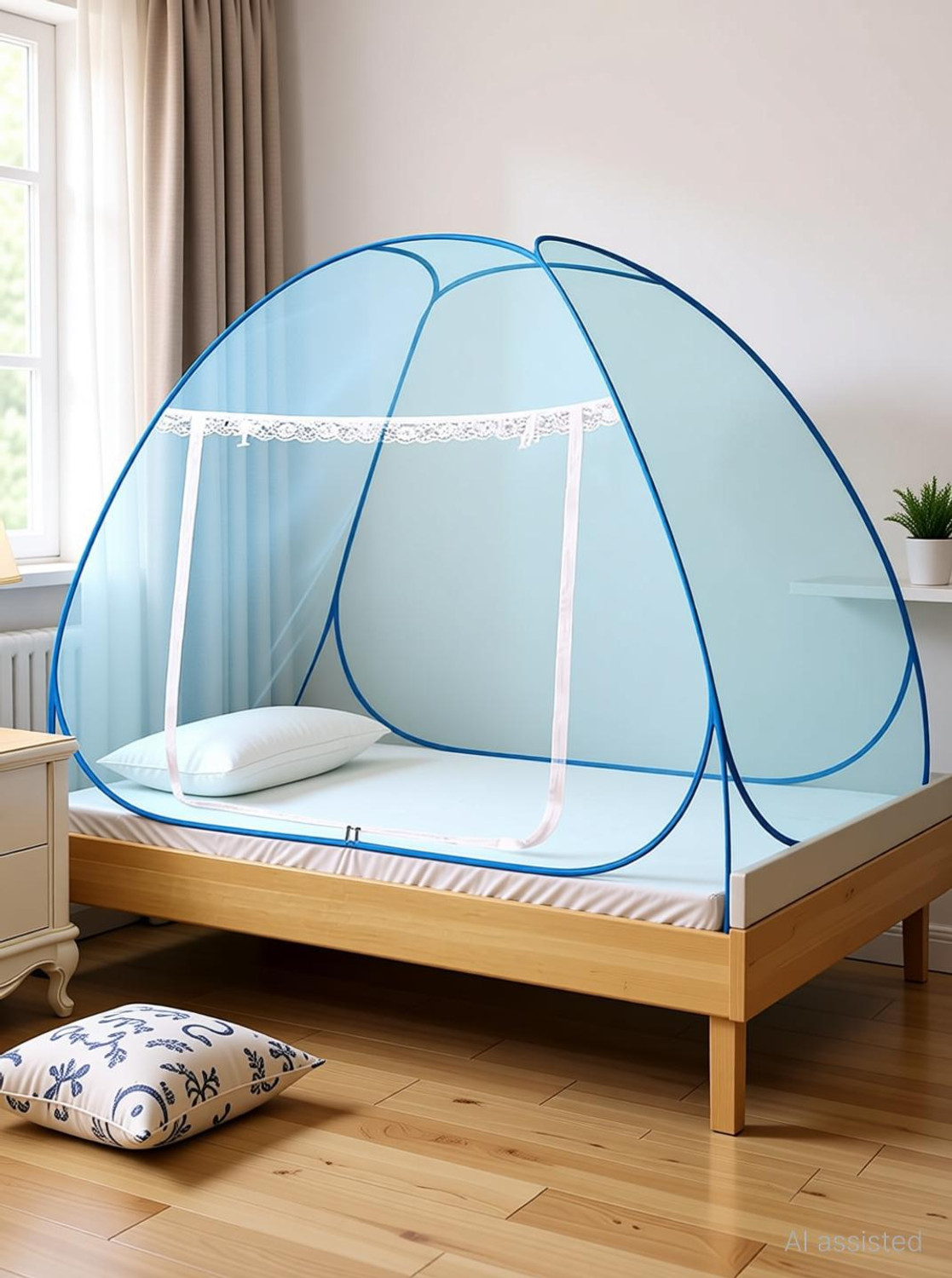 Image of Alciono for Double Bed | Foldable, Steel Frame | Self-Supporting Polyester Washable Adults Mosquito Net (Blue, Tent)