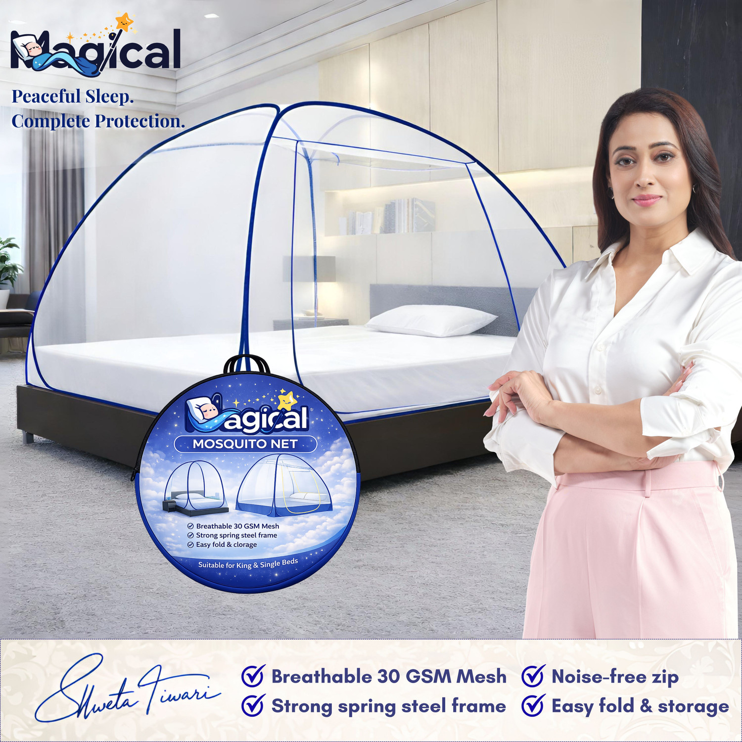 Image of MAGICAL Mosquito Mesh, Foldable Single Size Bed,( 6ft x 4ft ) - Dark Blue Polyester Washable Adults Mosquito Net (Dark Blue, Tent)