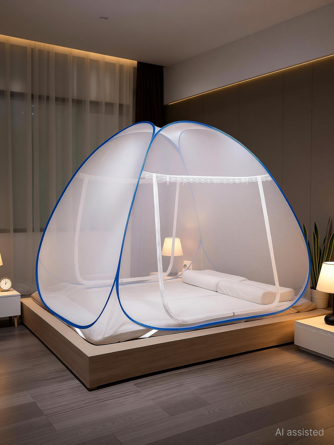 Image of Alciono for Double Bed | Foldable, Steel Frame | Self-Supporting Polyester Washable Adults Mosquito Net (Blue, Tent)