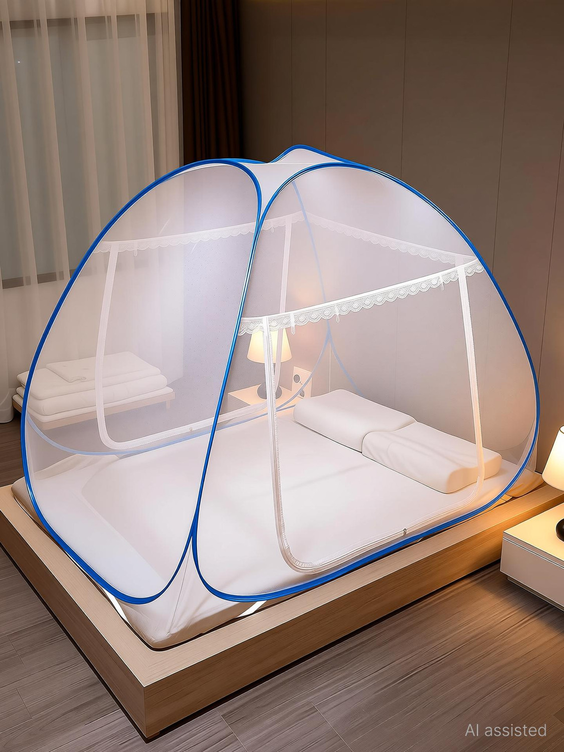 Image of Alciono for Double Bed | Foldable, Steel Frame | Self-Supporting Polyester Washable Adults Mosquito Net (Blue, Tent)