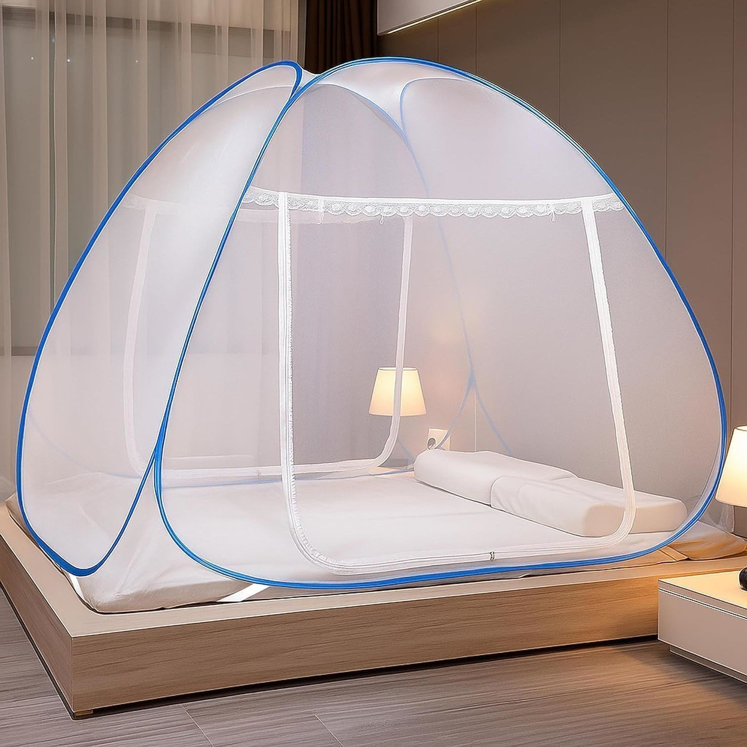 Image of Alciono for Double Bed | Foldable, Steel Frame | Self-Supporting Polyester Washable Adults Mosquito Net (Blue, Tent)