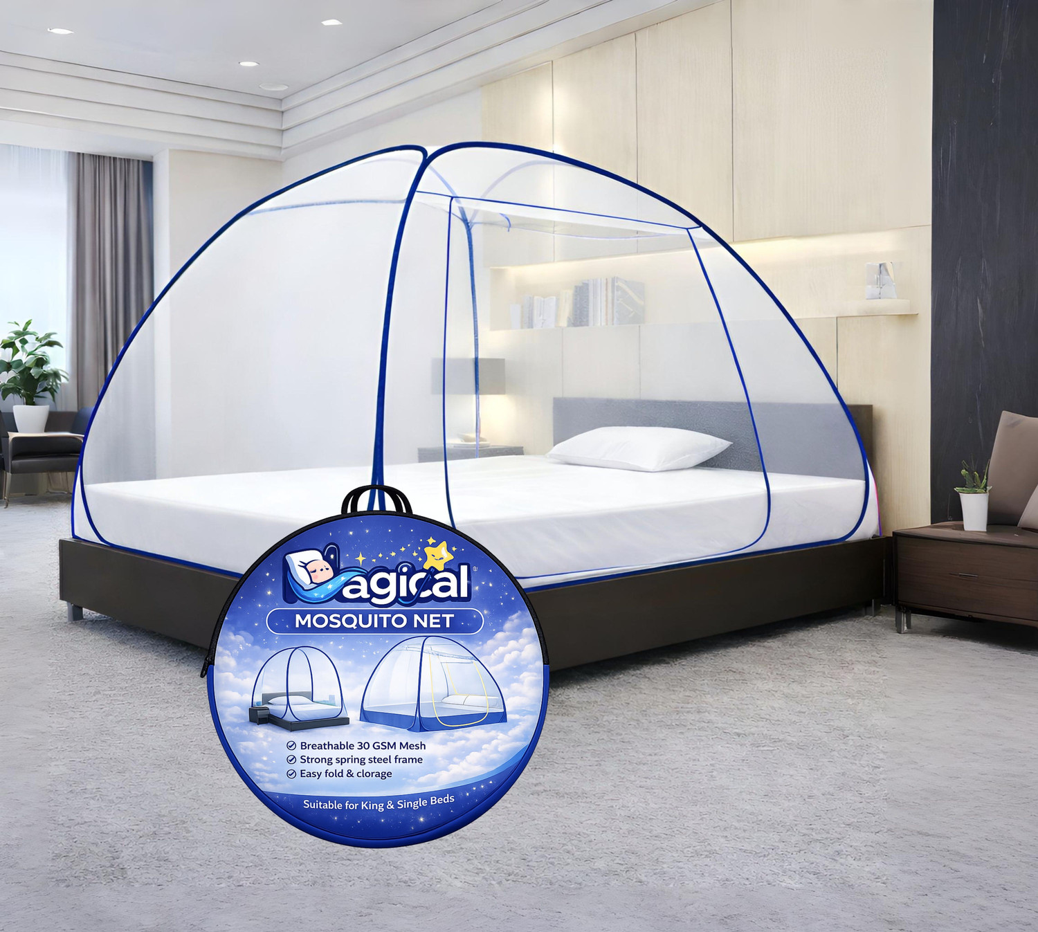 Image of MAGICAL Mosquito Mesh, Foldable Single Size Bed,( 6ft x 4ft ) - Dark Blue Polyester Washable Adults Mosquito Net (Dark Blue, Tent)