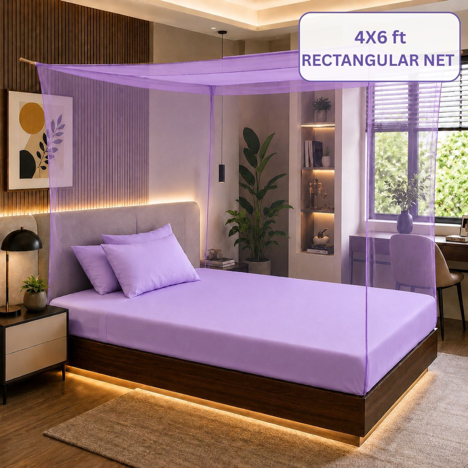 Image of Meelarck Single bed mosquito protection net (MN-12)4ftx6ft} machhardani /masari HDPE - High Density Poly Ethylene Washable Adults Mosquito Net (Purple, Bed Box)