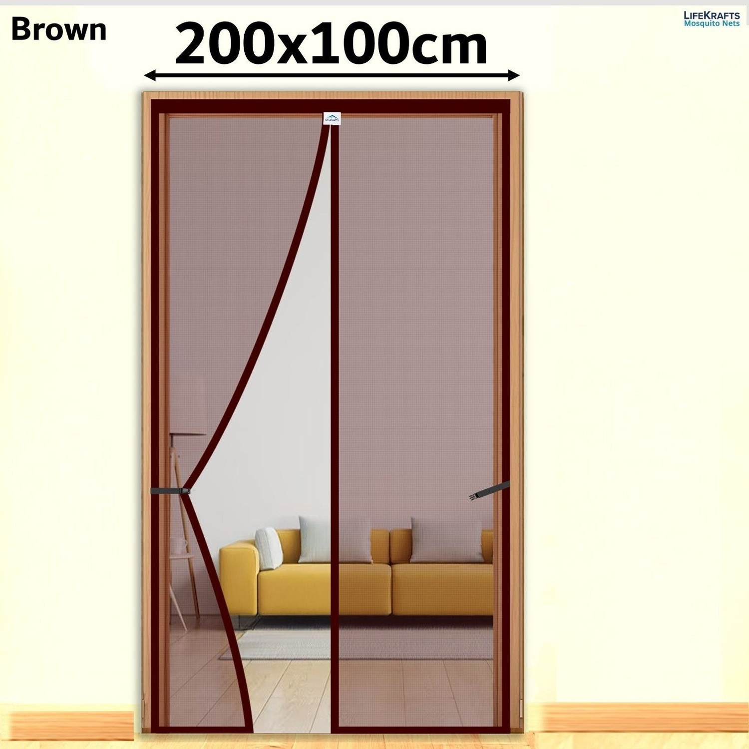 Image of OneNest (205*115 cm) 120 GSM Fiberglass door curtain with magnet Fibre Washable Adults Mosquito Net (Brown, Frame Hung)