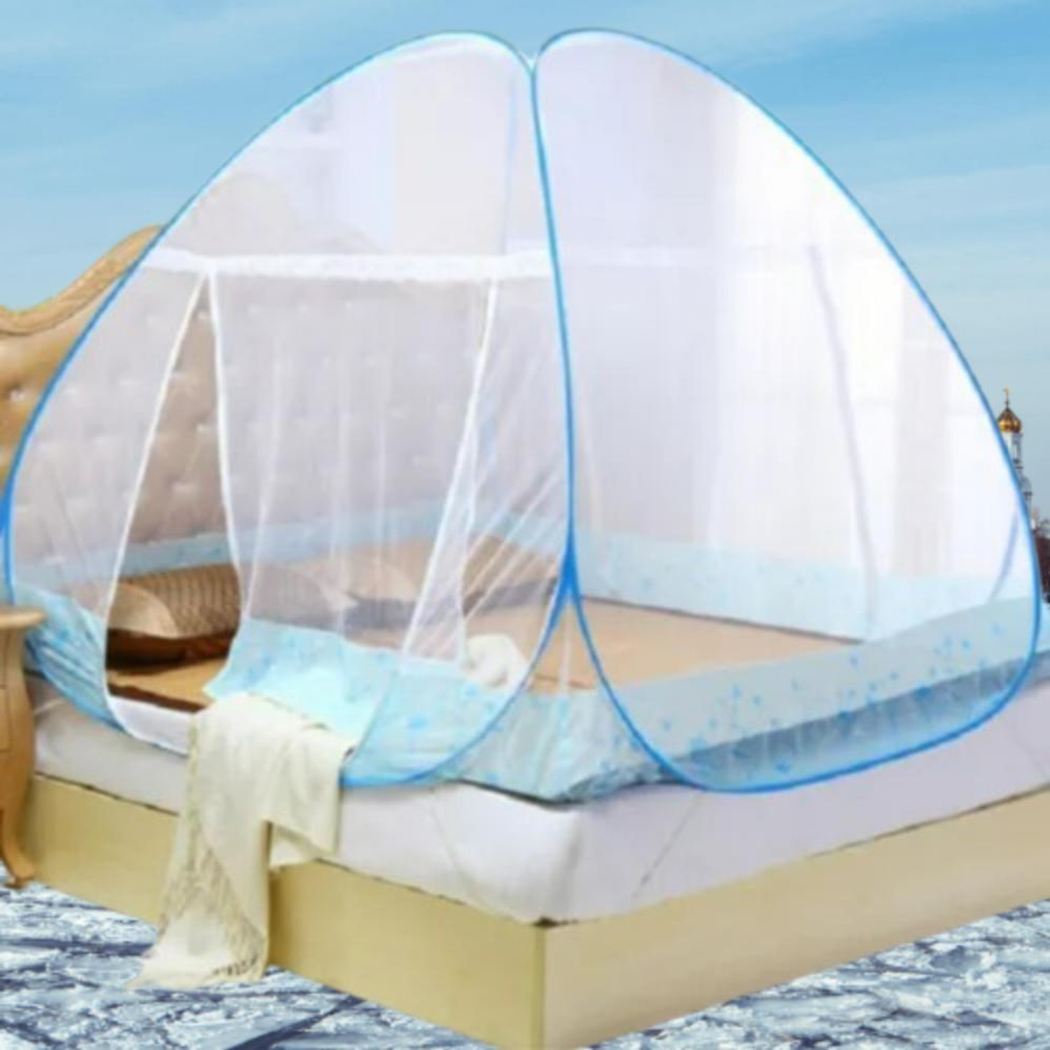 Image of AmazingHind Double Bed Mosquito Net 6.5Ft X 6.5Ft X 4.5Ft Machhardani New Model Polyester Washable Adults Mosquito Net (White, Tent)