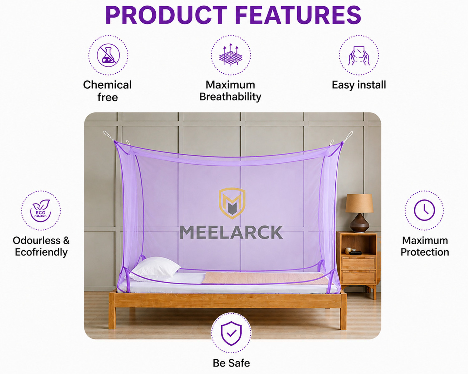 Image of Meelarck Single bed mosquito protection net (MN-12)4ftx6ft} machhardani /masari HDPE - High Density Poly Ethylene Washable Adults Mosquito Net (Purple, Bed Box)