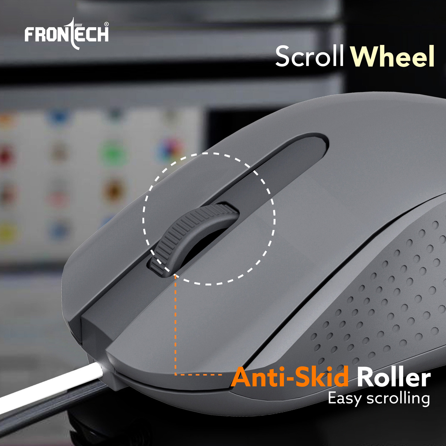 Image of Frontech Wired USB Mouse | 3 Handy Buttons | Scroll Wheel 1200 DPI | MS-0103 Wired Ambidextrous Optical Mouse (USB 2.0, Grey)