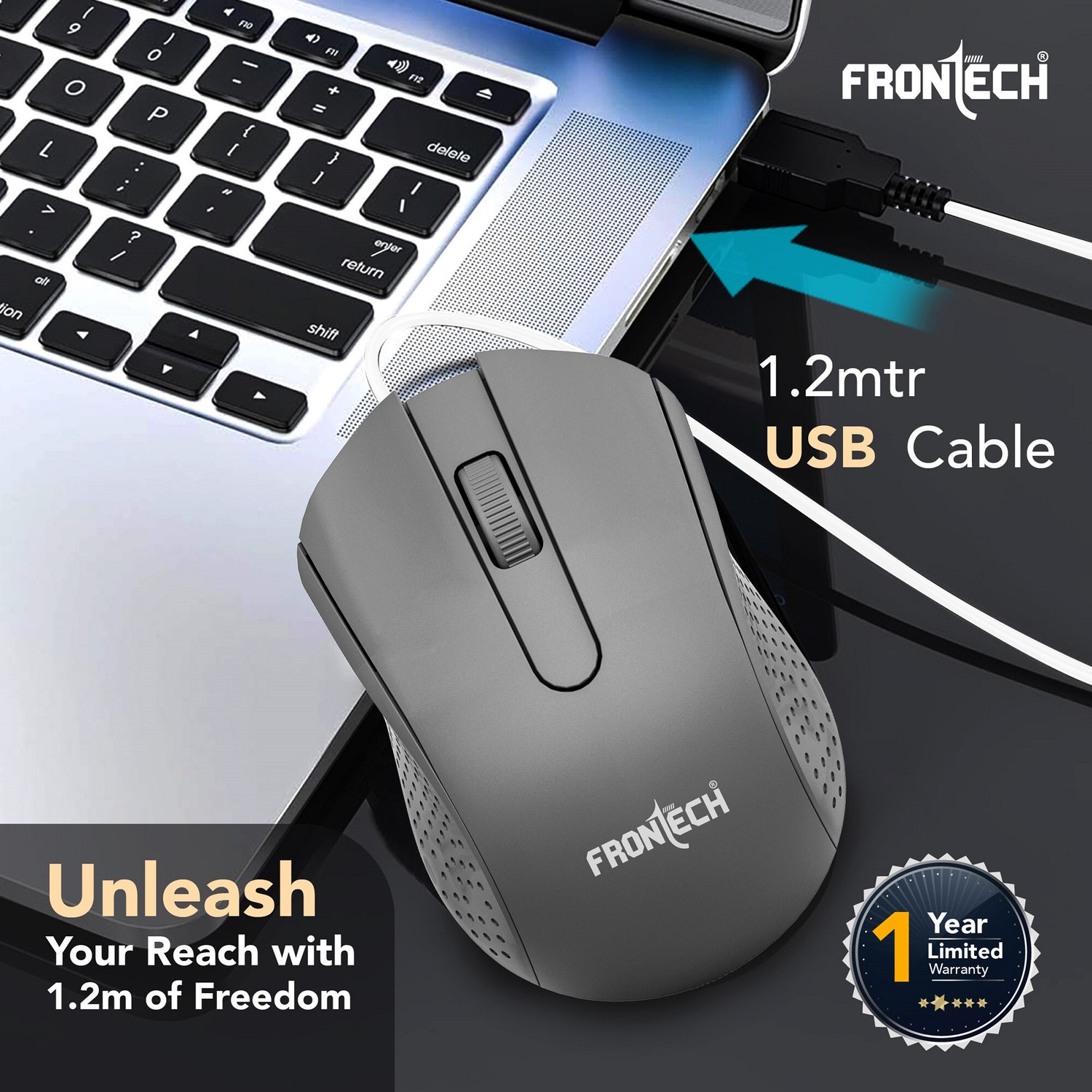 Image of Frontech Wired USB Mouse | 3 Handy Buttons | Scroll Wheel 1200 DPI | MS-0103 Wired Ambidextrous Optical Mouse (USB 2.0, Grey)