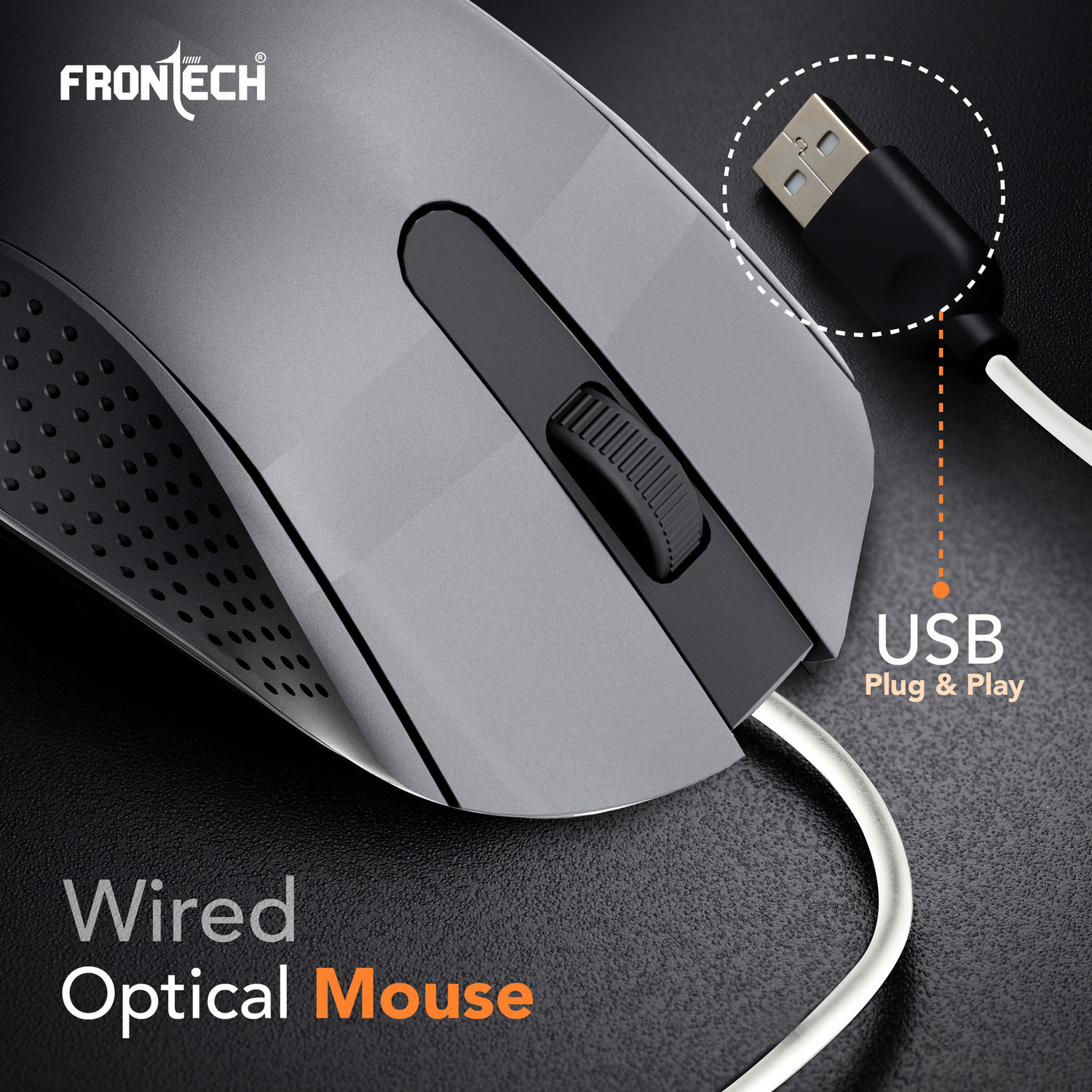 Image of Frontech Wired USB Mouse | 3 Handy Buttons | Scroll Wheel 1200 DPI | MS-0103 Wired Ambidextrous Optical Mouse (USB 2.0, Grey)